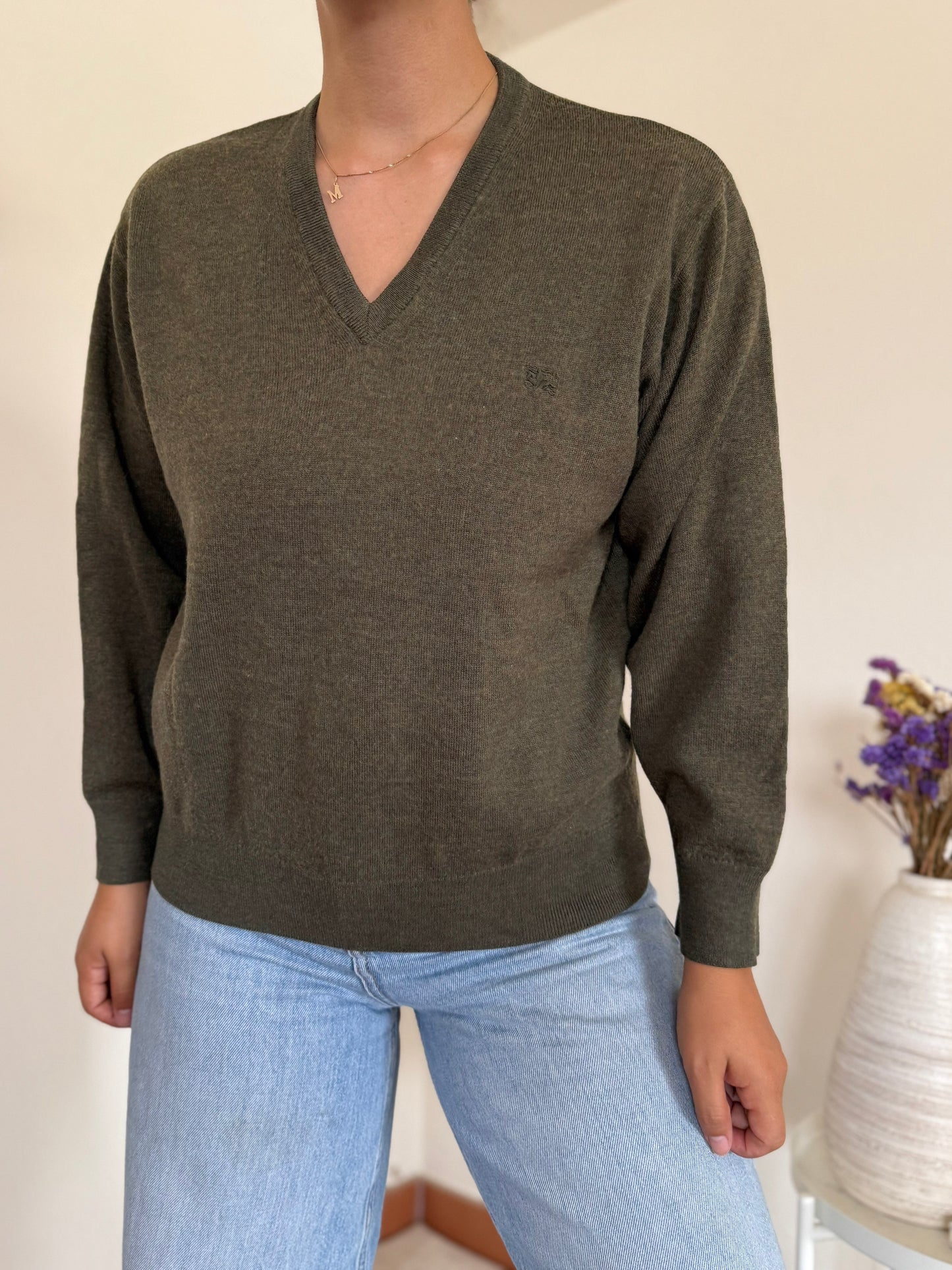 Burberry V-neck Knit Sweater em lã