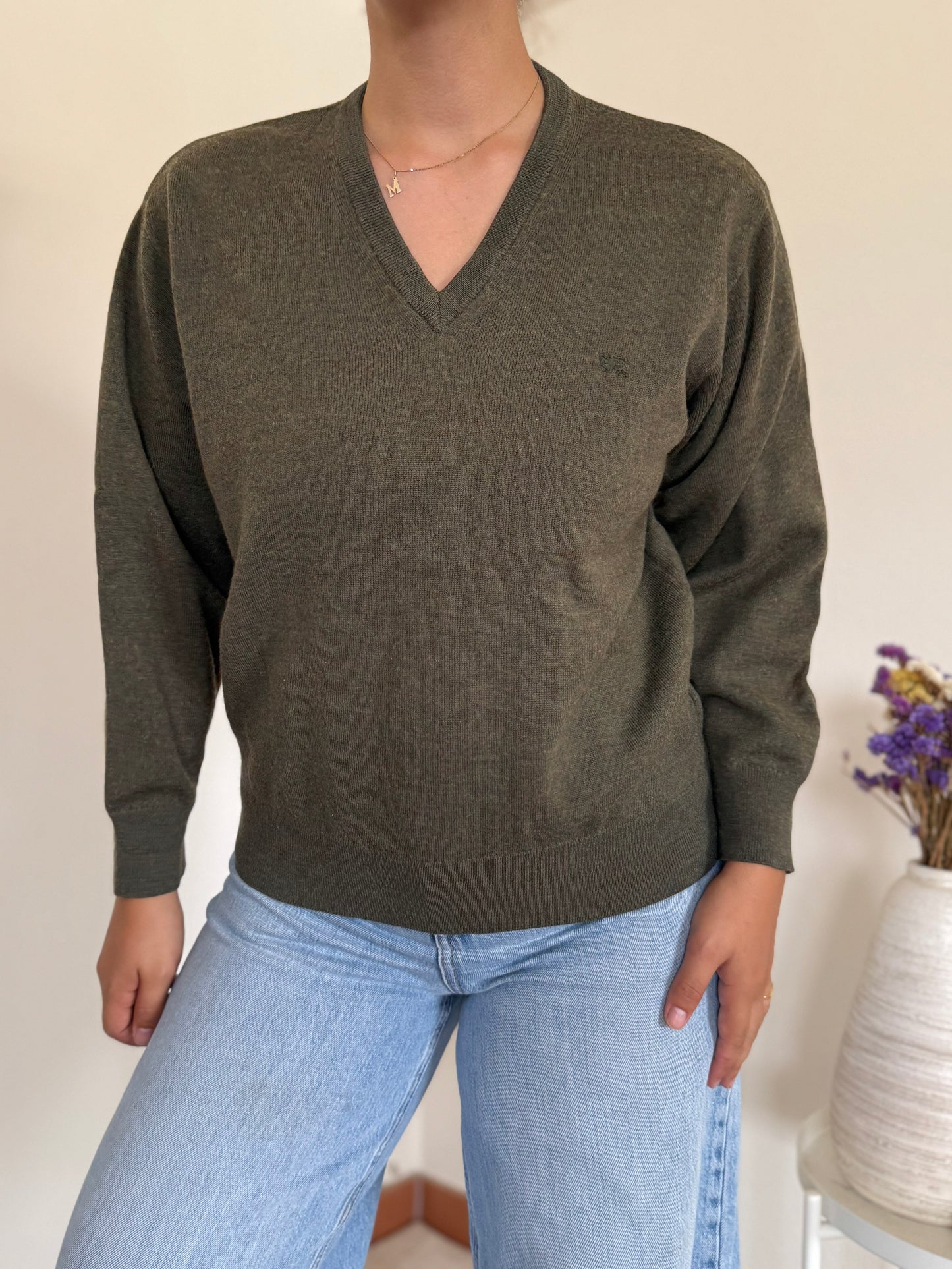 Burberry V-neck Knit Sweater em lã