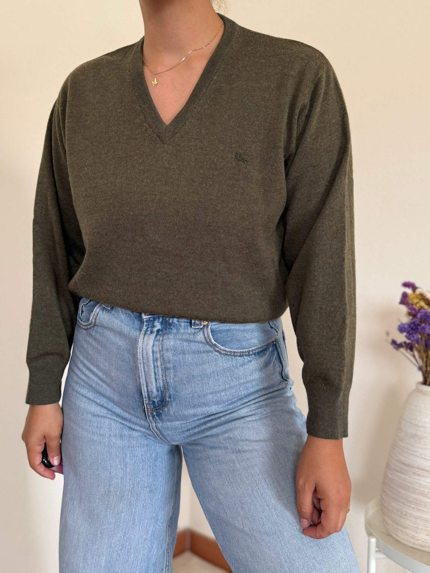 Burberry V-neck Knit Sweater em lã