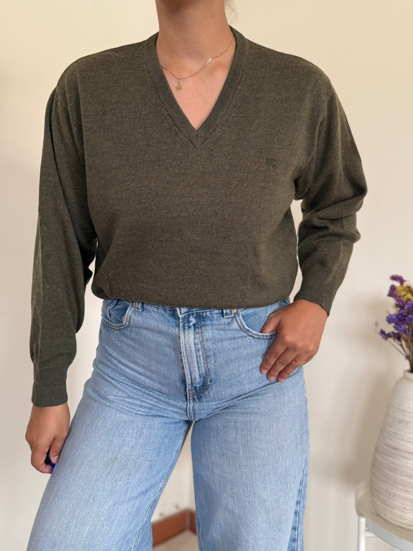 Burberry V-neck Knit Sweater em lã