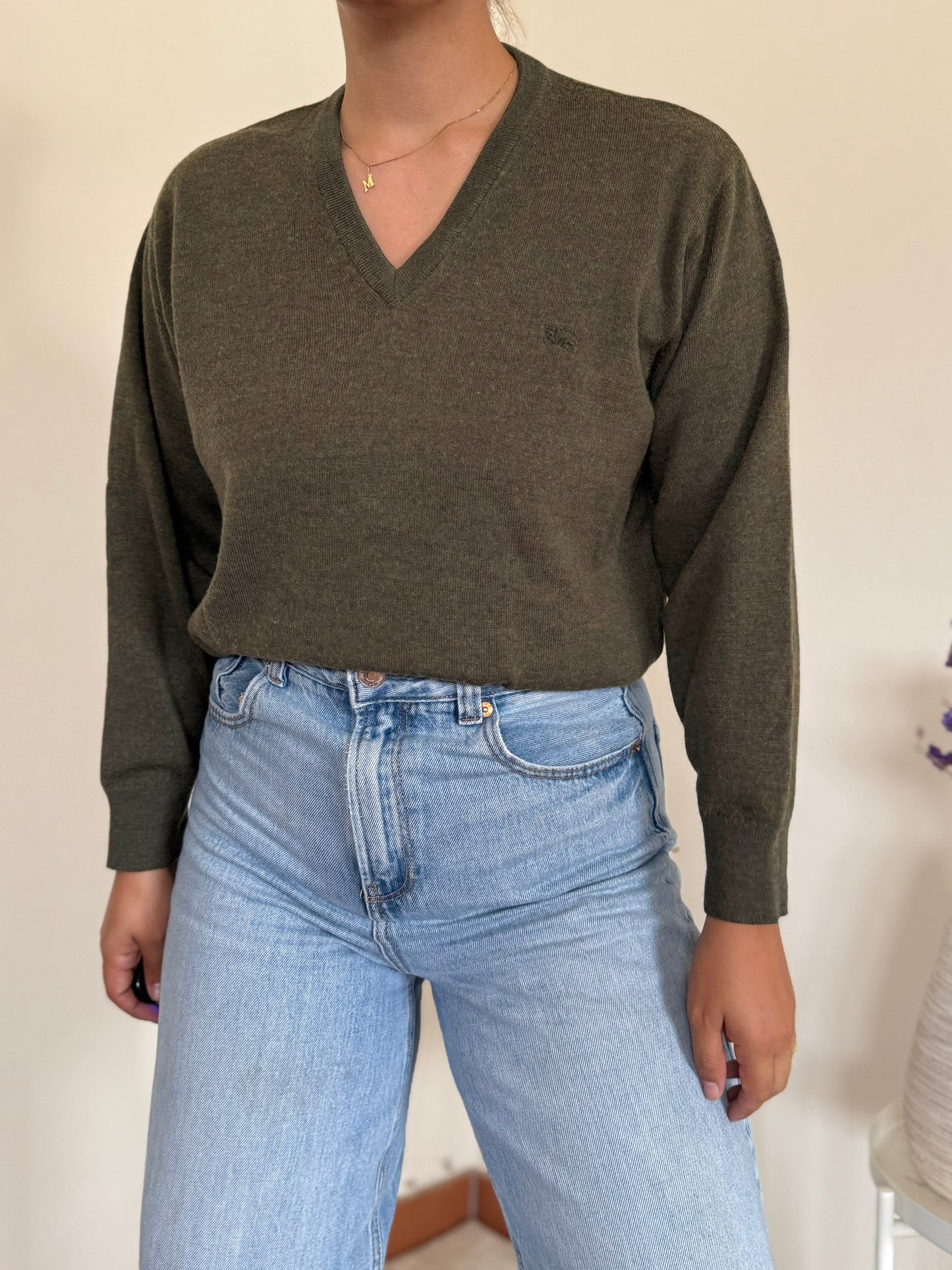 Burberry V-neck Knit Sweater em lã