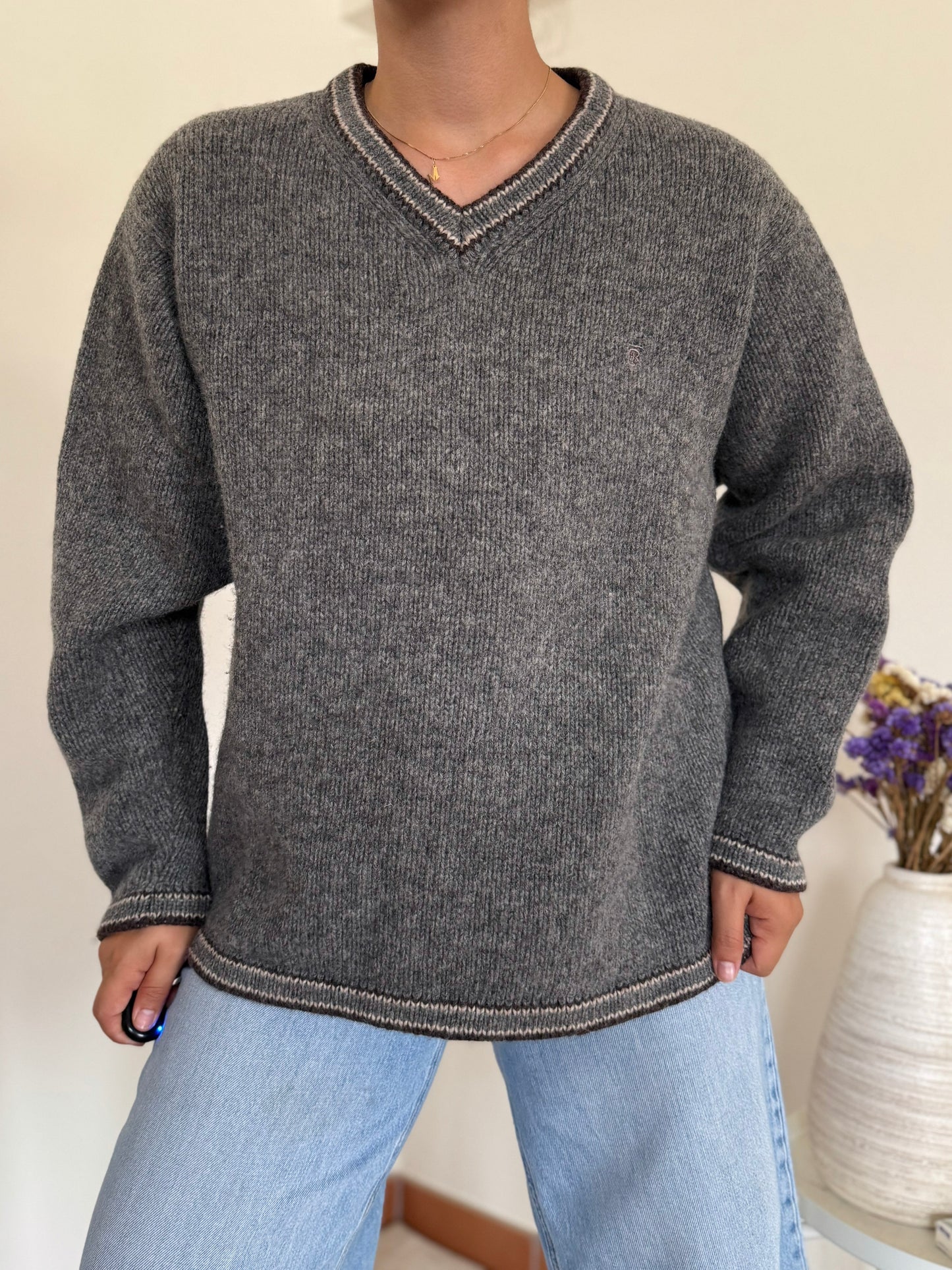 Thomas Burberry V-neck Knit Sweater em lã