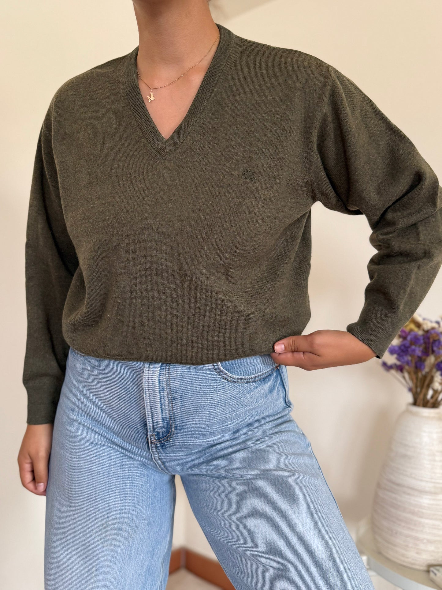 Burberry V-neck Knit Sweater em lã