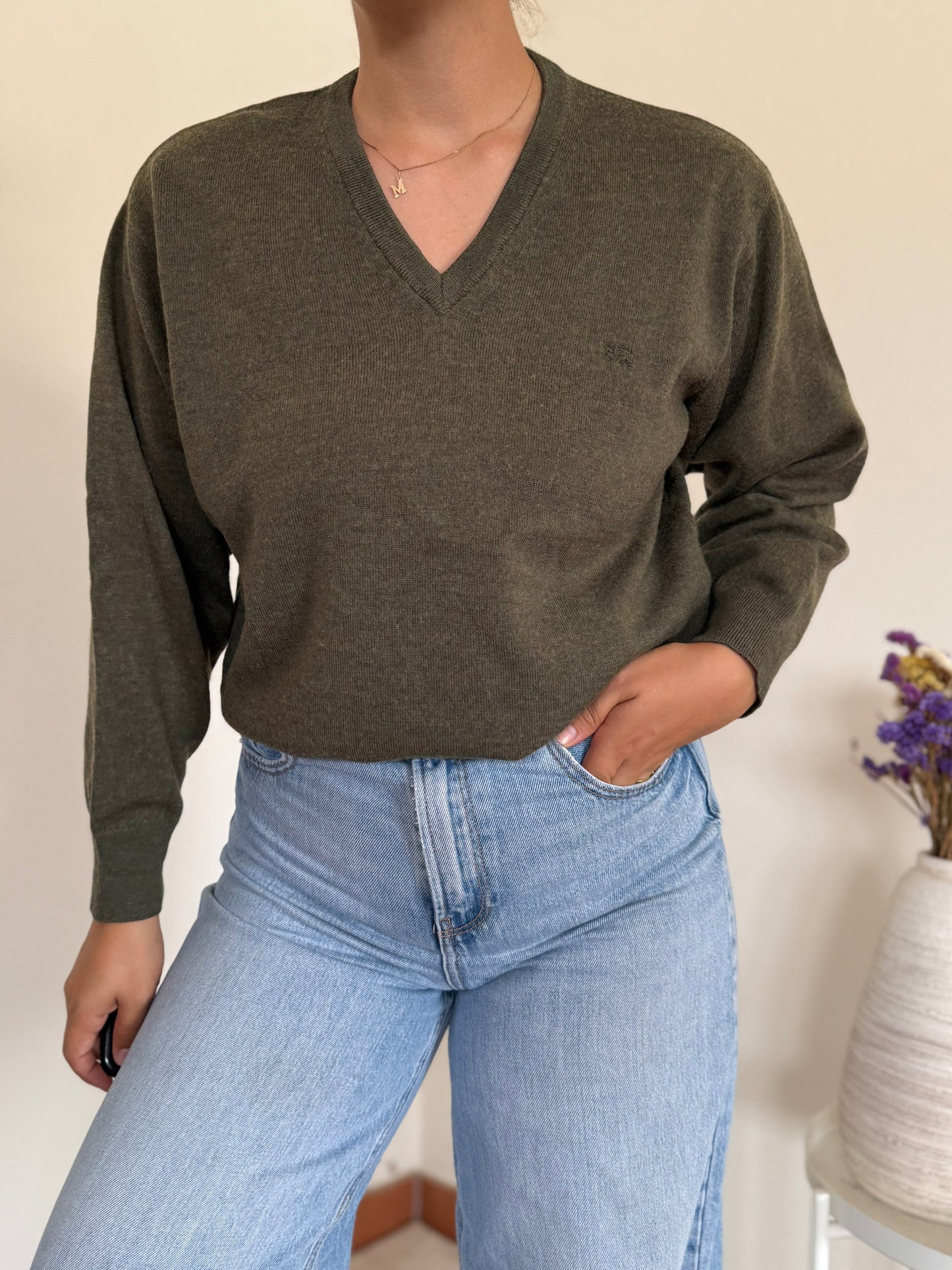 Burberry V-neck Knit Sweater em lã