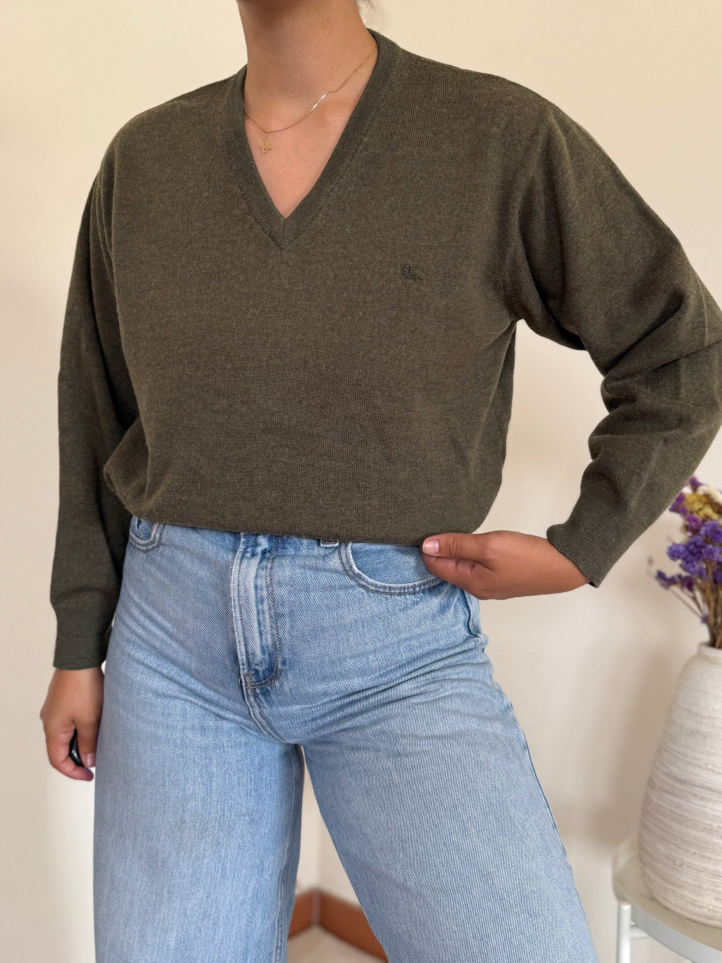 Burberry V-neck Knit Sweater em lã
