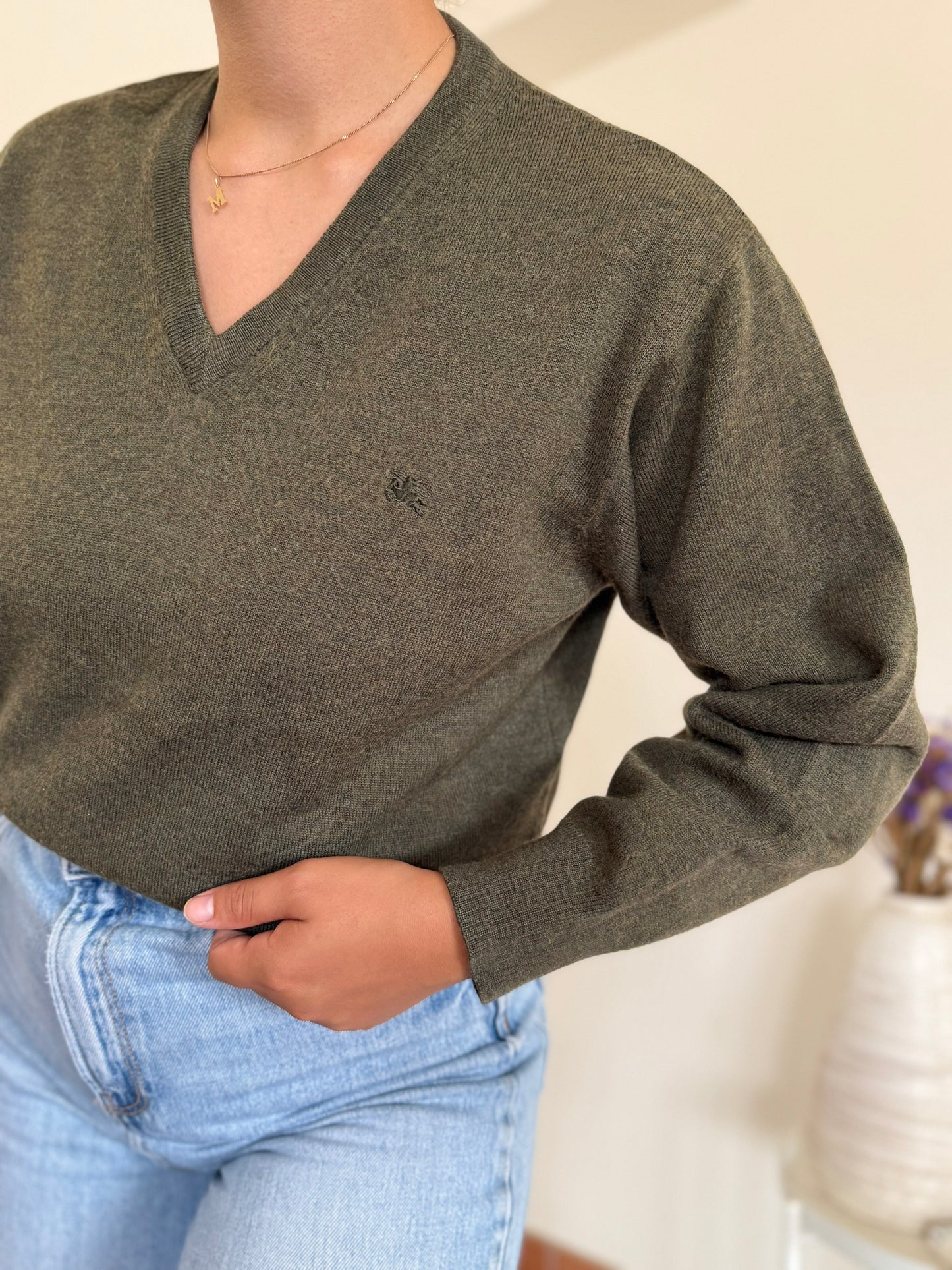 Burberry V-neck Knit Sweater em lã