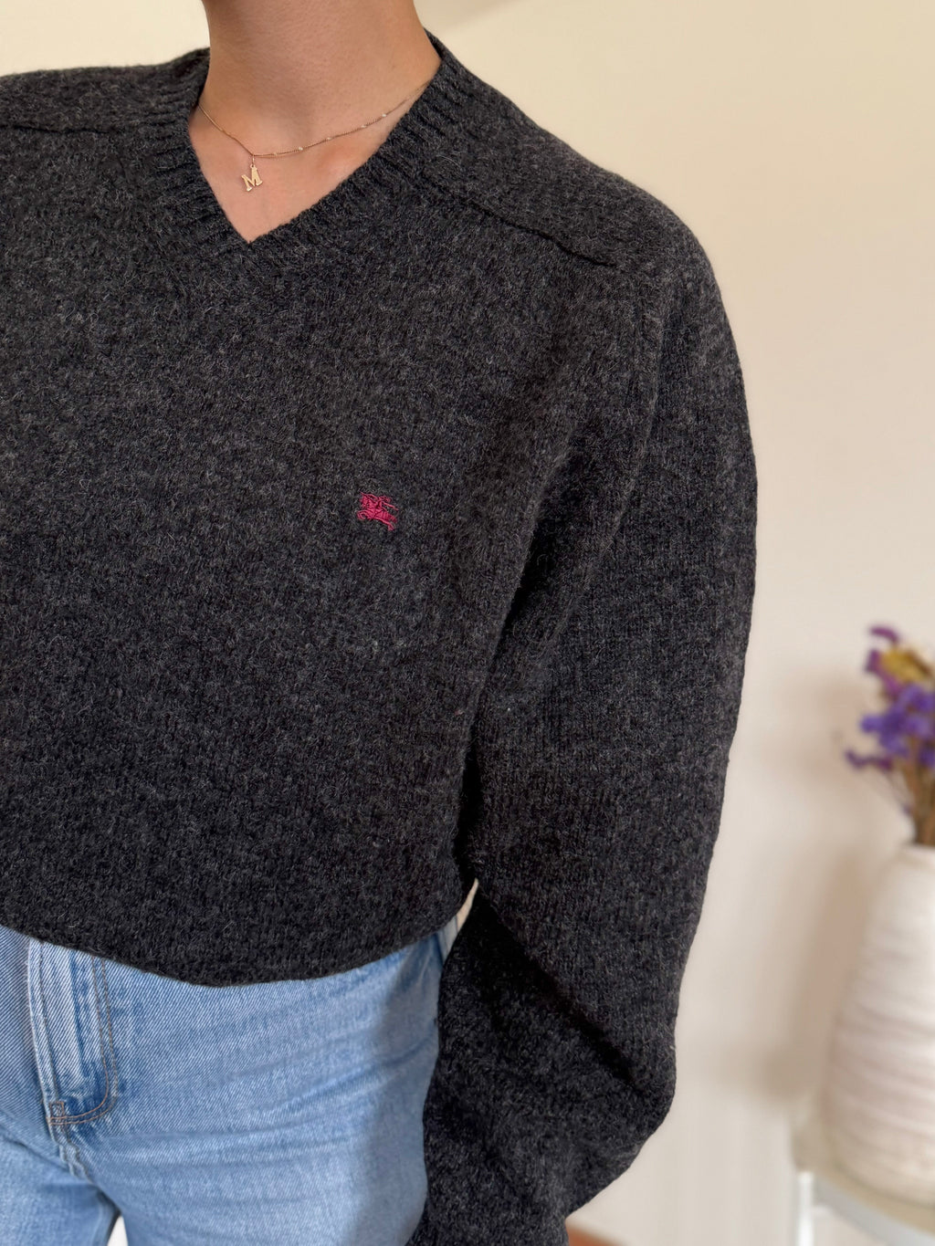 Burberry V-neck Knit Sweater 100% Wool