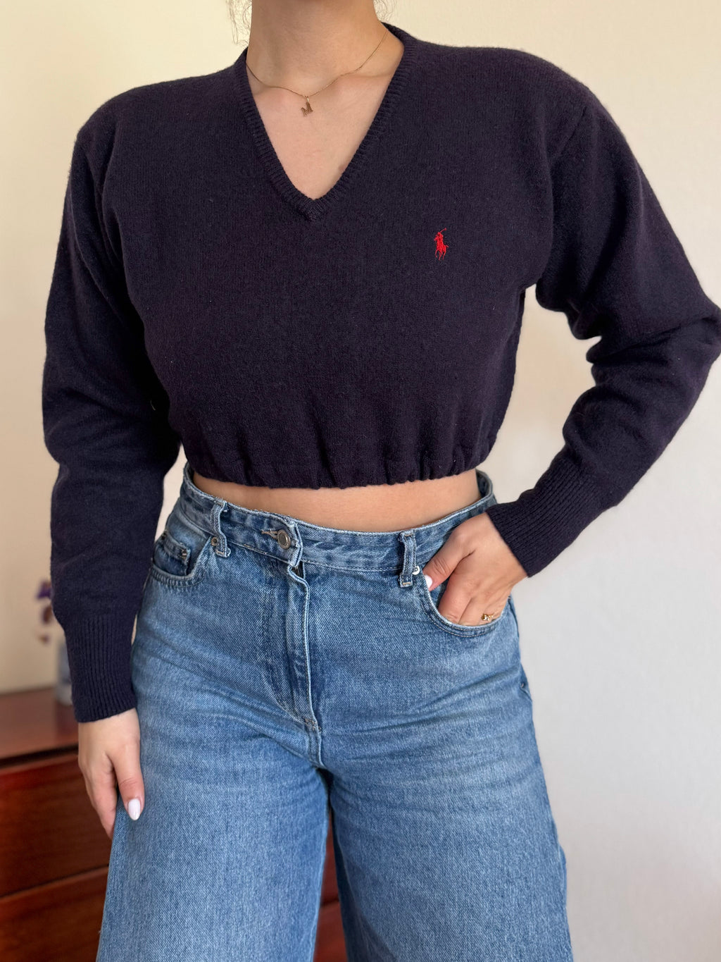 Polo Ralph Lauren V-Neck 100% Wool Cropped Sweater