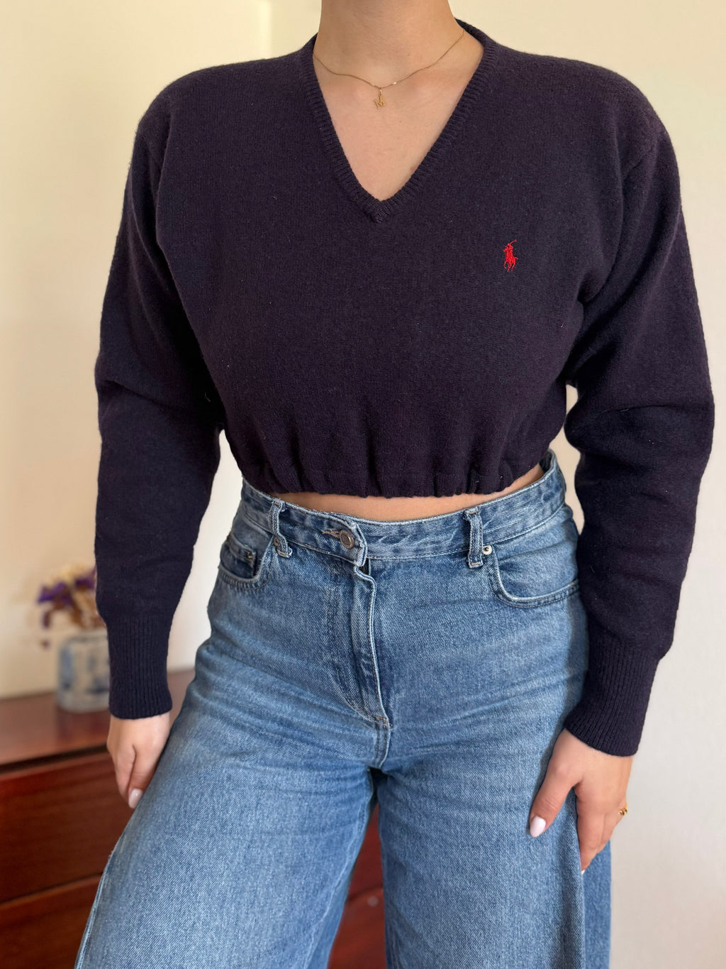 Polo Ralph Lauren V-Neck 100% Wool Cropped Sweater