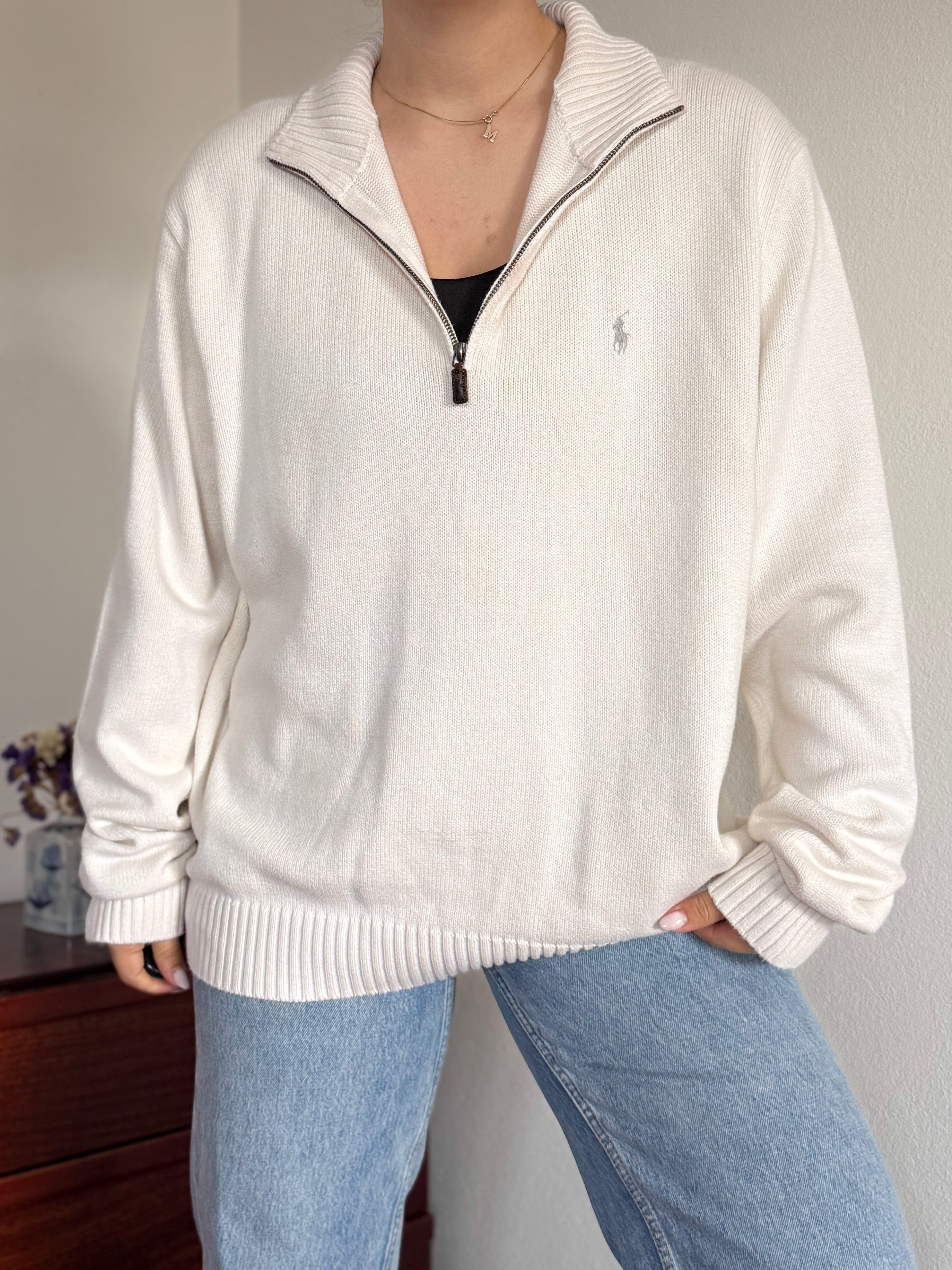 Ralph Lauren 1/4 Zip V-Neck Knit Jumper 100% Cotton