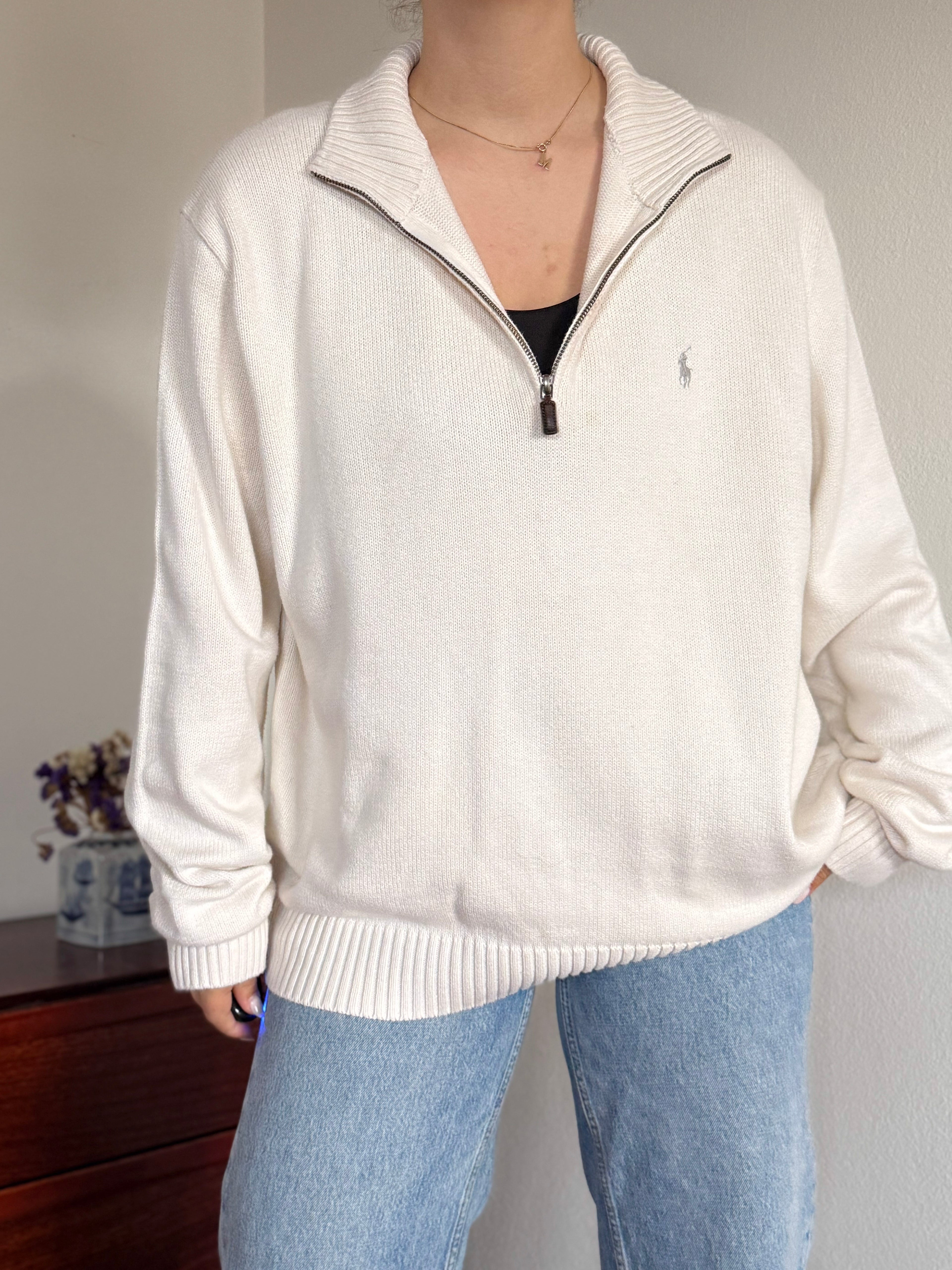 Ralph Lauren 1/4 Zip V-Neck Knit Jumper 100% Cotton