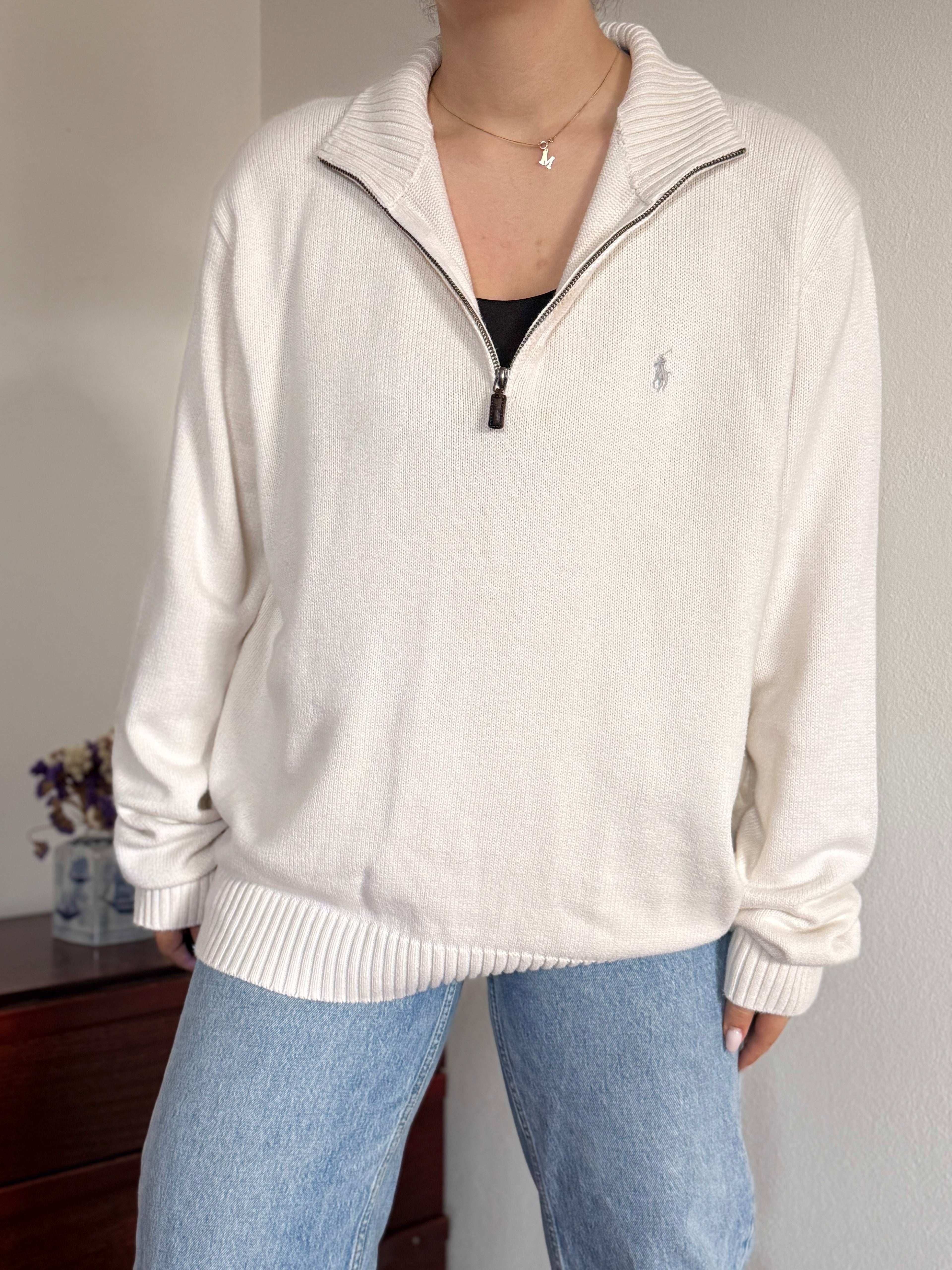 Ralph Lauren 1/4 Zip V-Neck Knit Jumper 100% Cotton