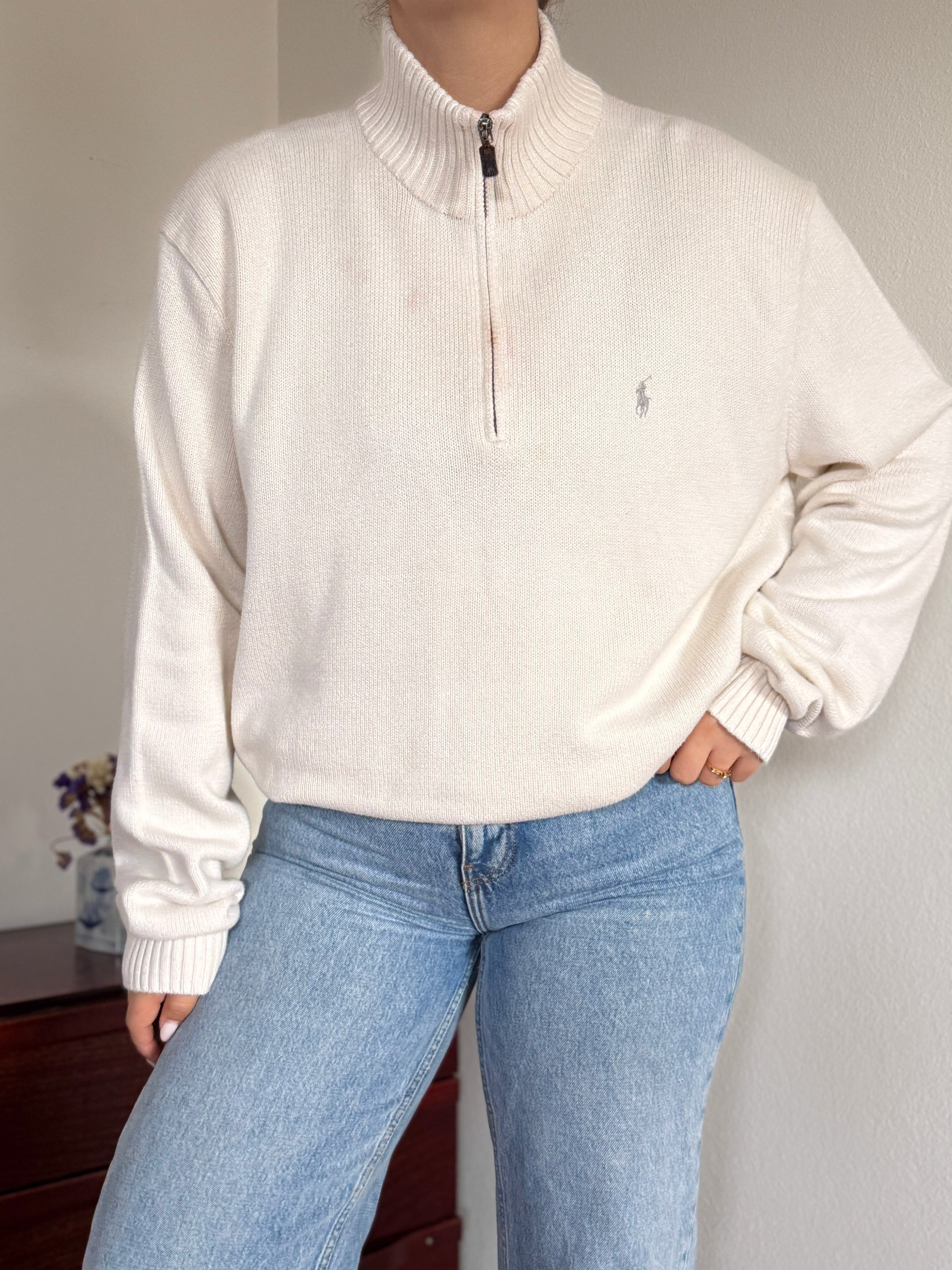 Ralph Lauren 1/4 Zip V-Neck Knit Jumper 100% Cotton