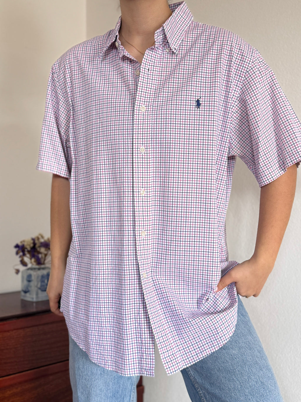 Ralph Lauren Shirt Custom Fit Plaid Pink Blue 100% Cotton