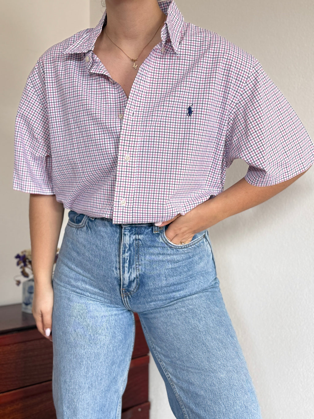 Ralph Lauren Shirt Custom Fit Plaid Pink Blue 100% Cotton