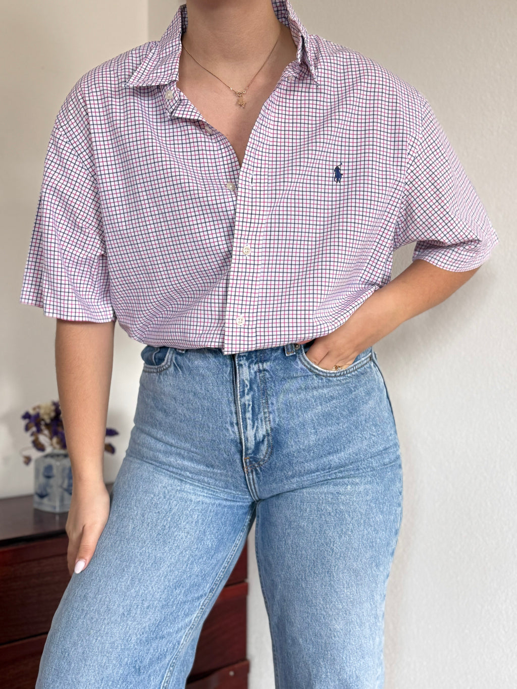 Ralph Lauren Shirt Custom Fit Plaid Pink Blue 100% Cotton