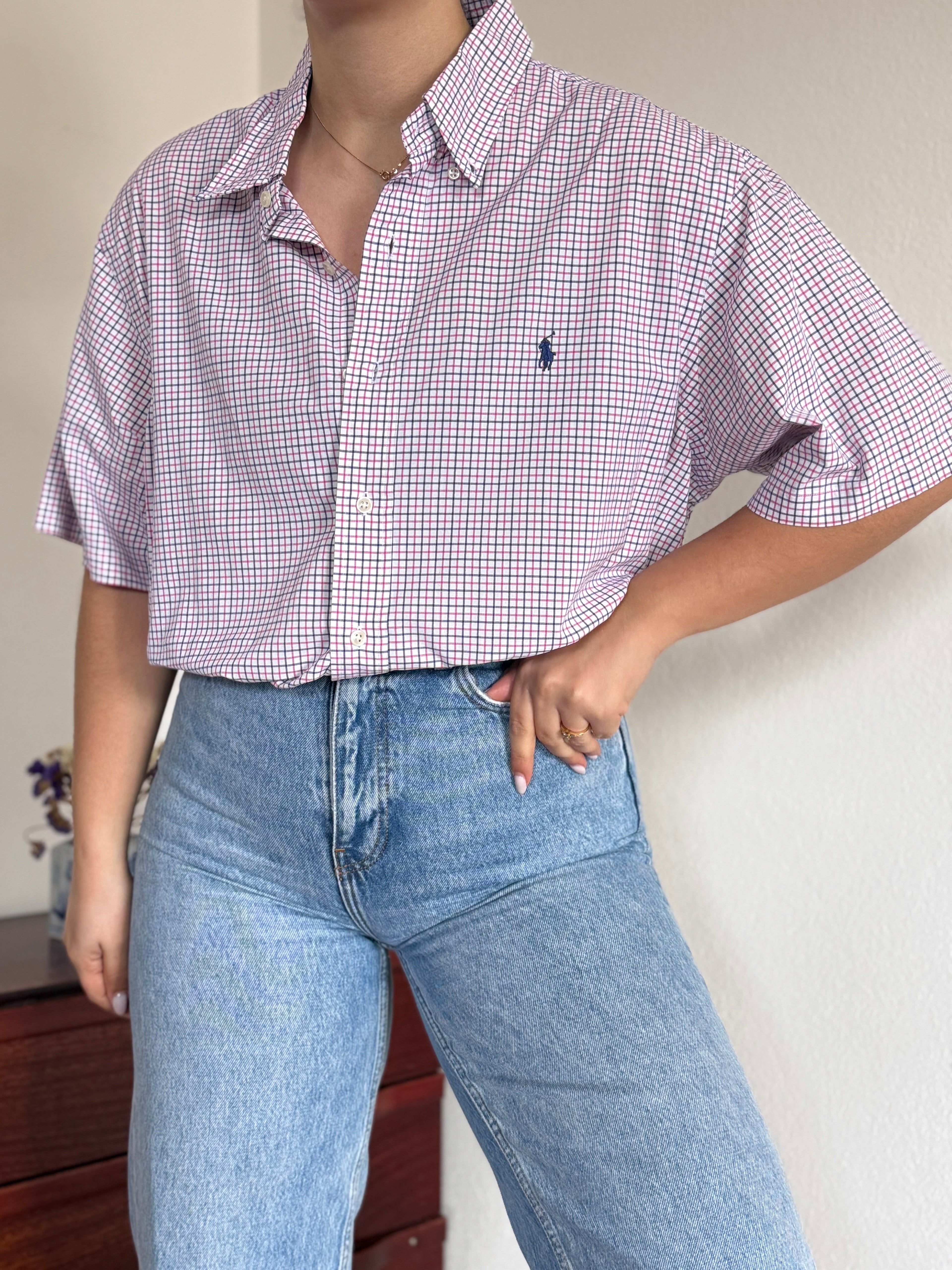 Ralph Lauren Shirt Custom Fit Plaid Pink Blue 100% Cotton