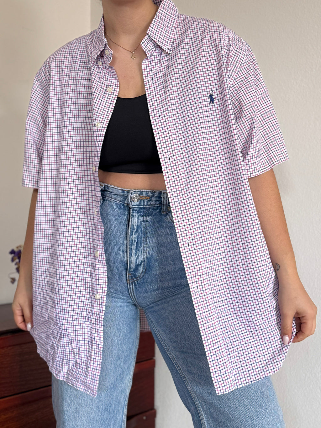 Ralph Lauren Shirt Custom Fit Plaid Pink Blue 100% Cotton