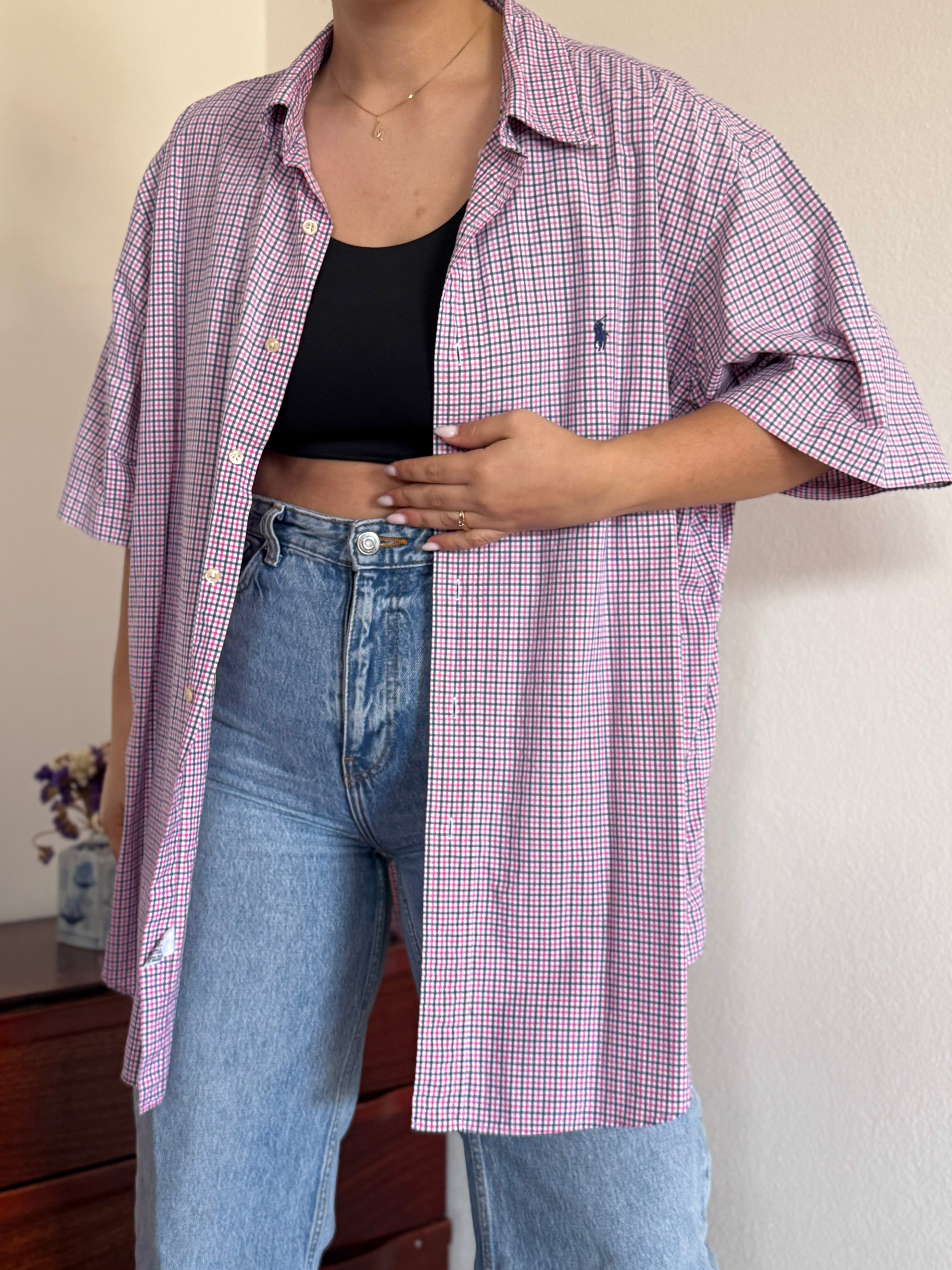 Ralph Lauren Shirt Classic Fit Plaid Pink Blue 100% Cotton