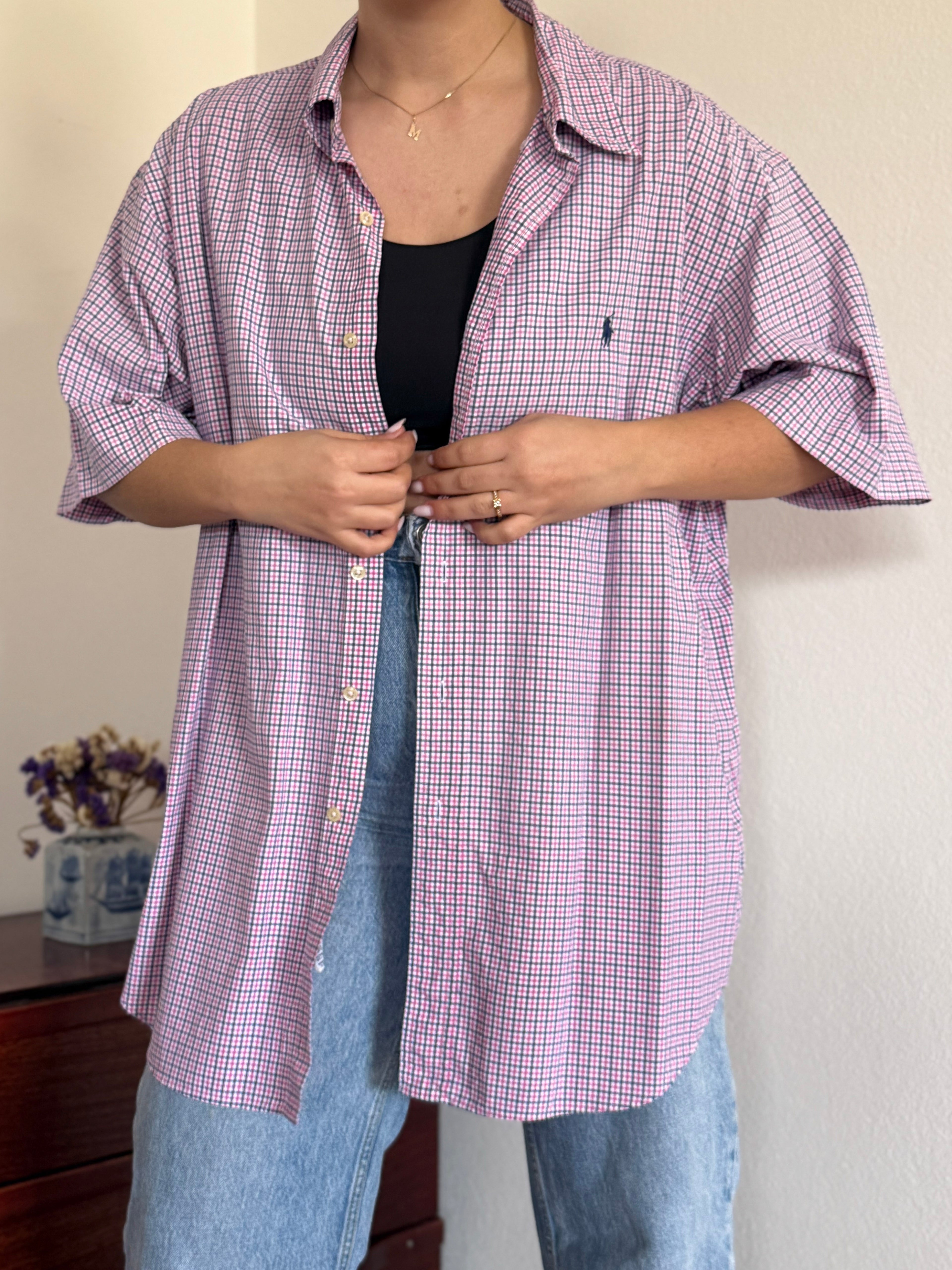 Ralph Lauren Shirt Classic Fit Plaid Pink Blue 100% Cotton