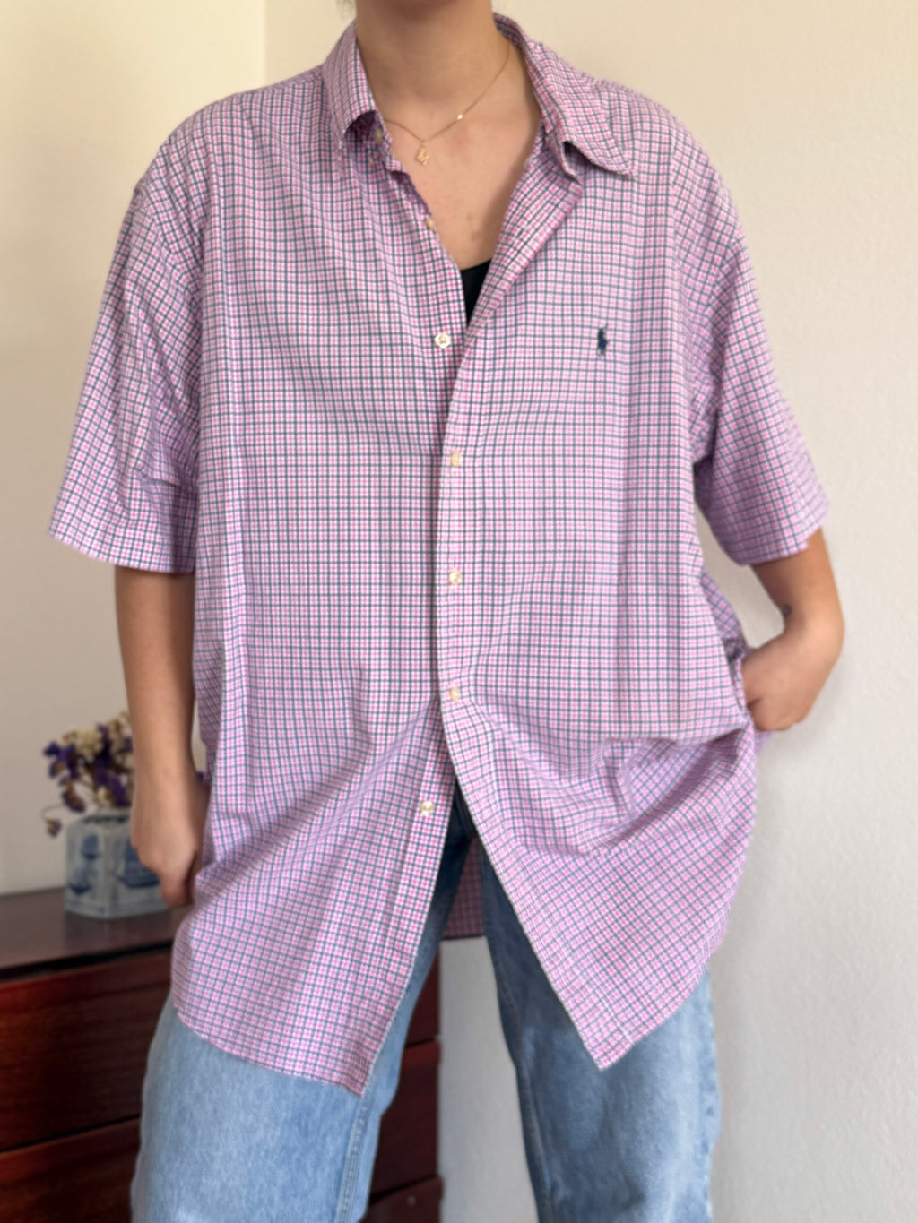 Ralph Lauren Shirt Classic Fit Plaid Pink Blue 100% Cotton