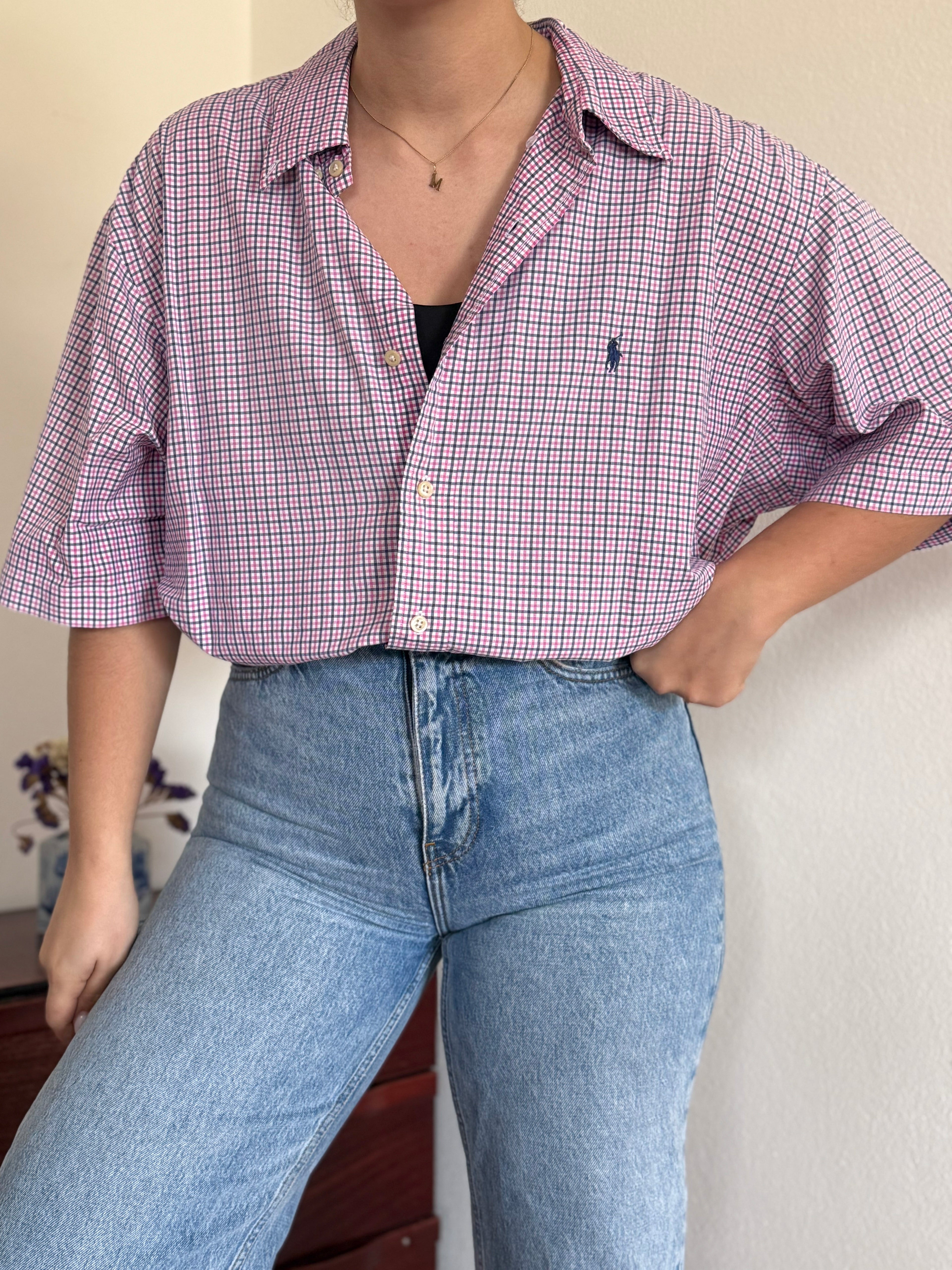 Ralph Lauren Shirt Classic Fit Plaid Pink Blue 100% Cotton