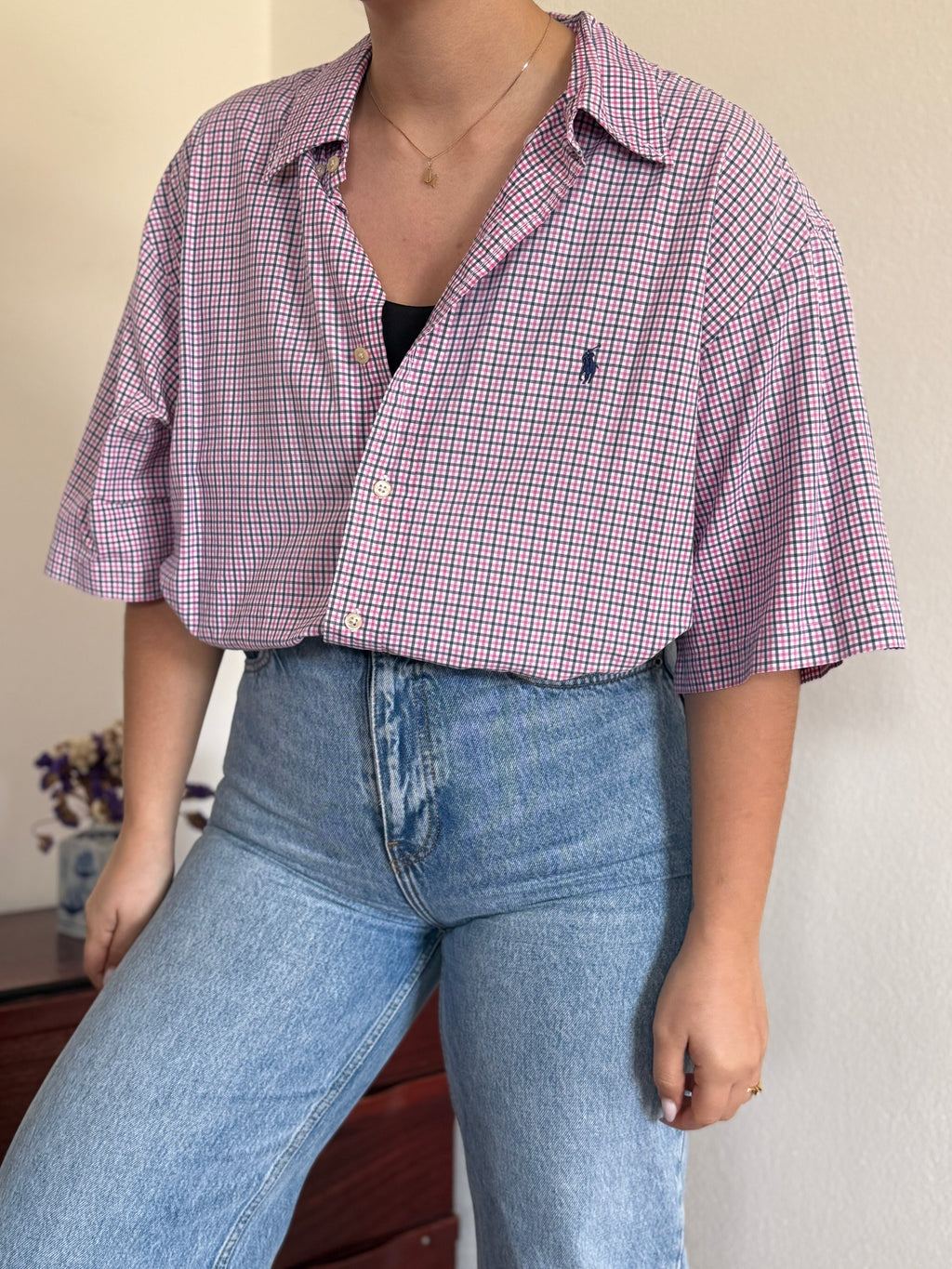 Ralph Lauren Shirt Classic Fit Plaid Pink Blue 100% Cotton