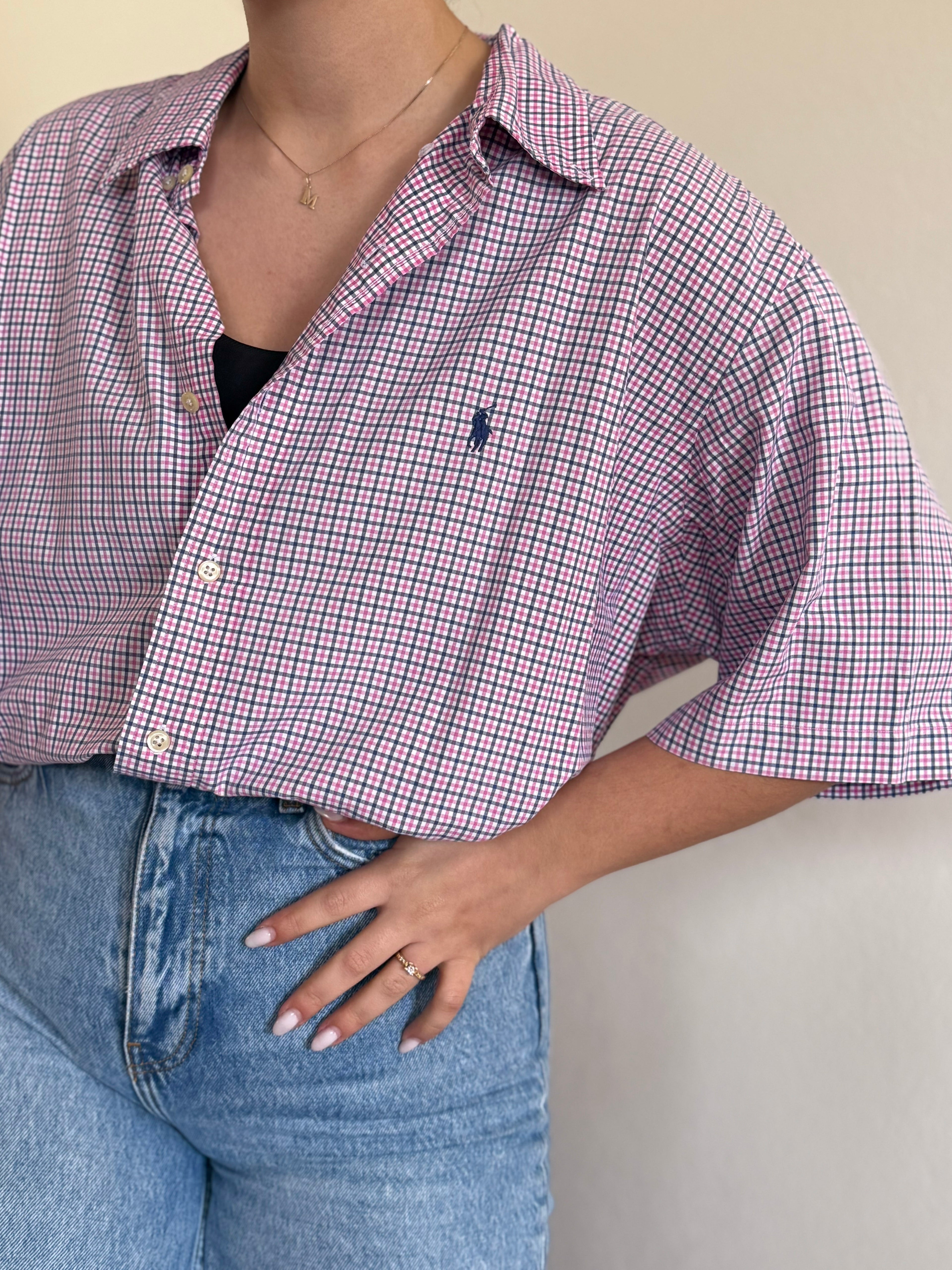 Ralph Lauren Shirt Classic Fit Plaid Pink Blue 100% Cotton