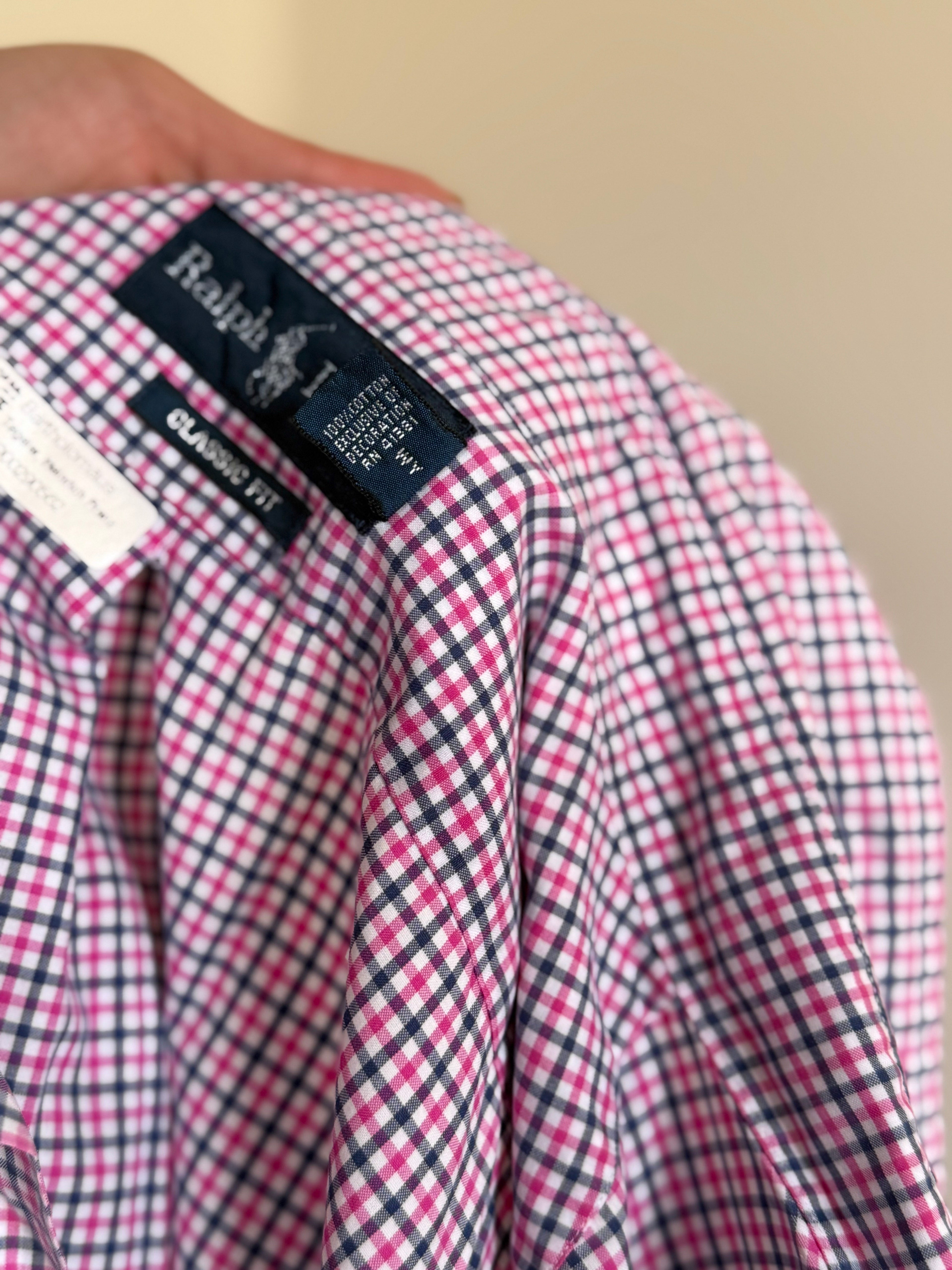Ralph Lauren Shirt Classic Fit Plaid Pink Blue 100% Cotton