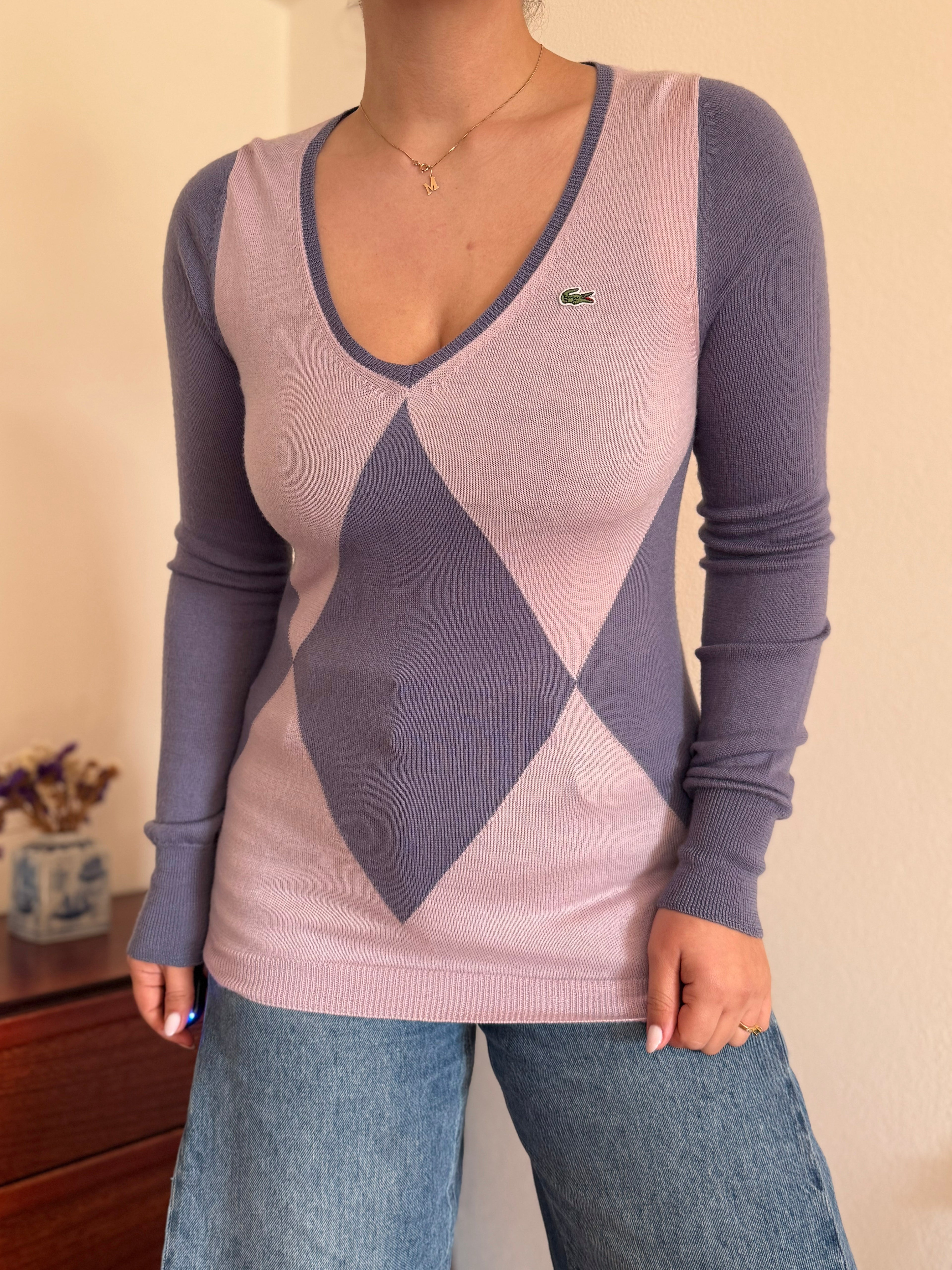 Lacoste V-Neck Knit Sweater 100% Wool