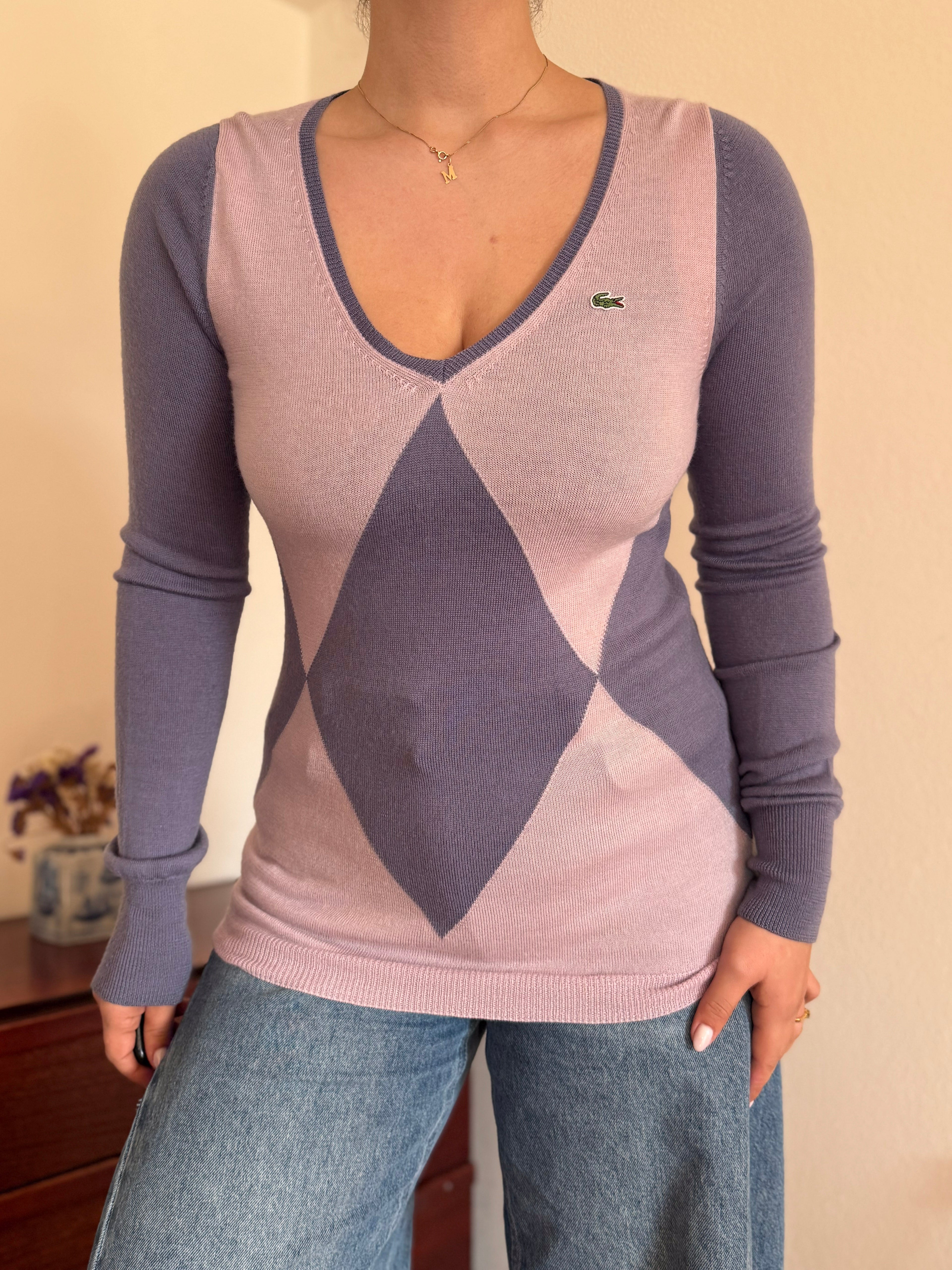 Lacoste V-Neck Knit Sweater 100% Wool