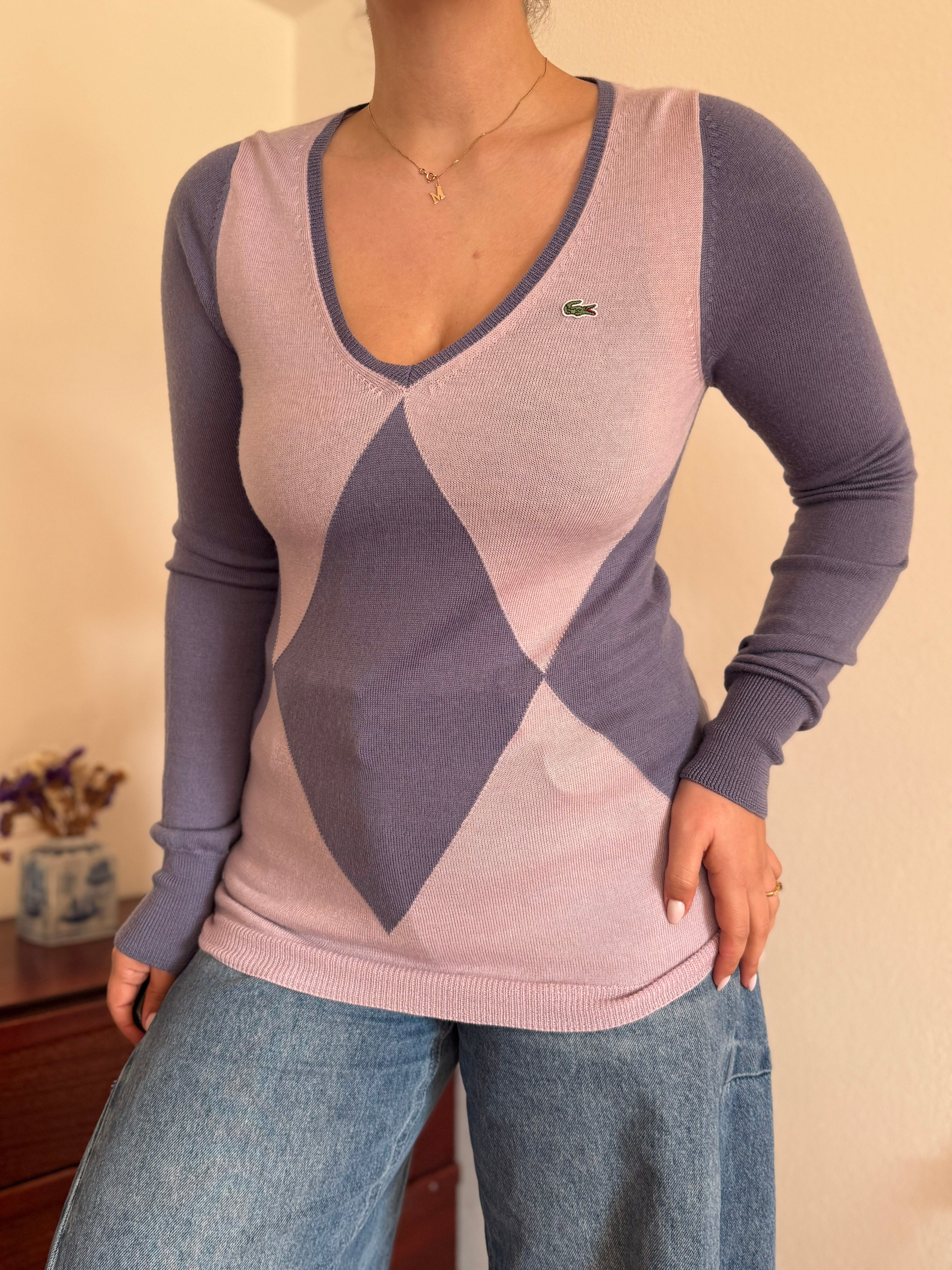 Lacoste V-Neck Knit Sweater 100% Wool