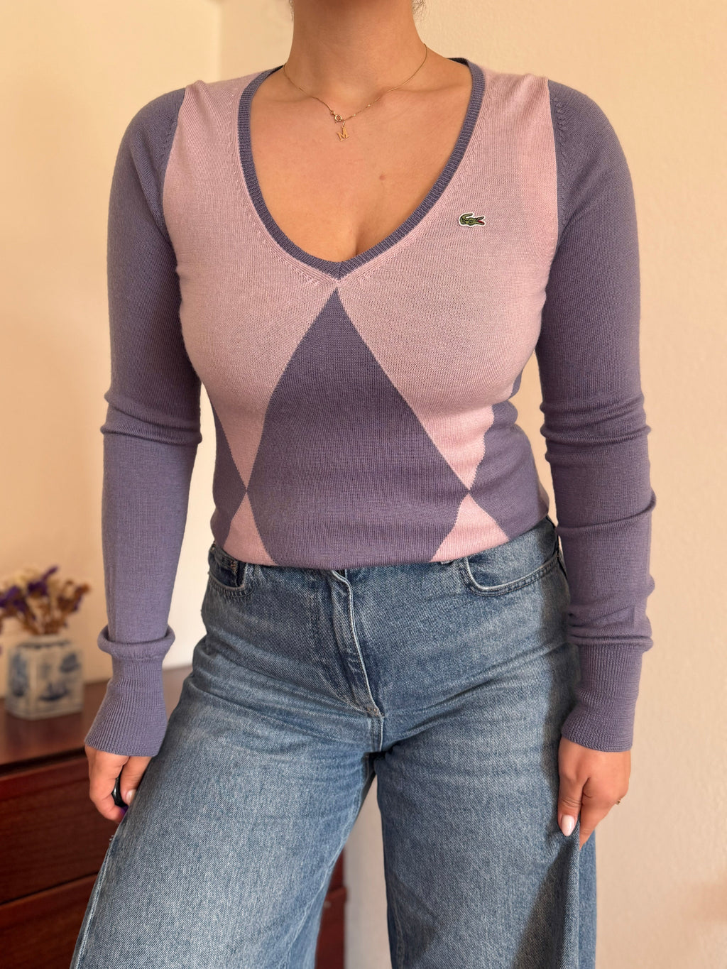 Lacoste V-Neck Knit Sweater 100% Wool