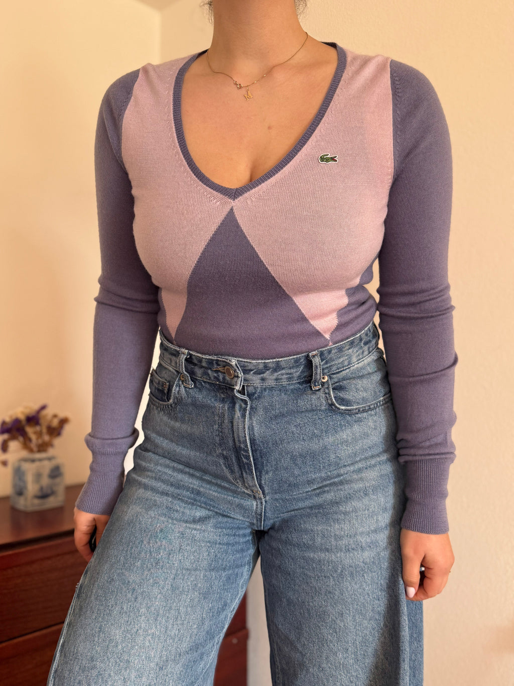 Lacoste V-Neck Knit Sweater 100% Wool