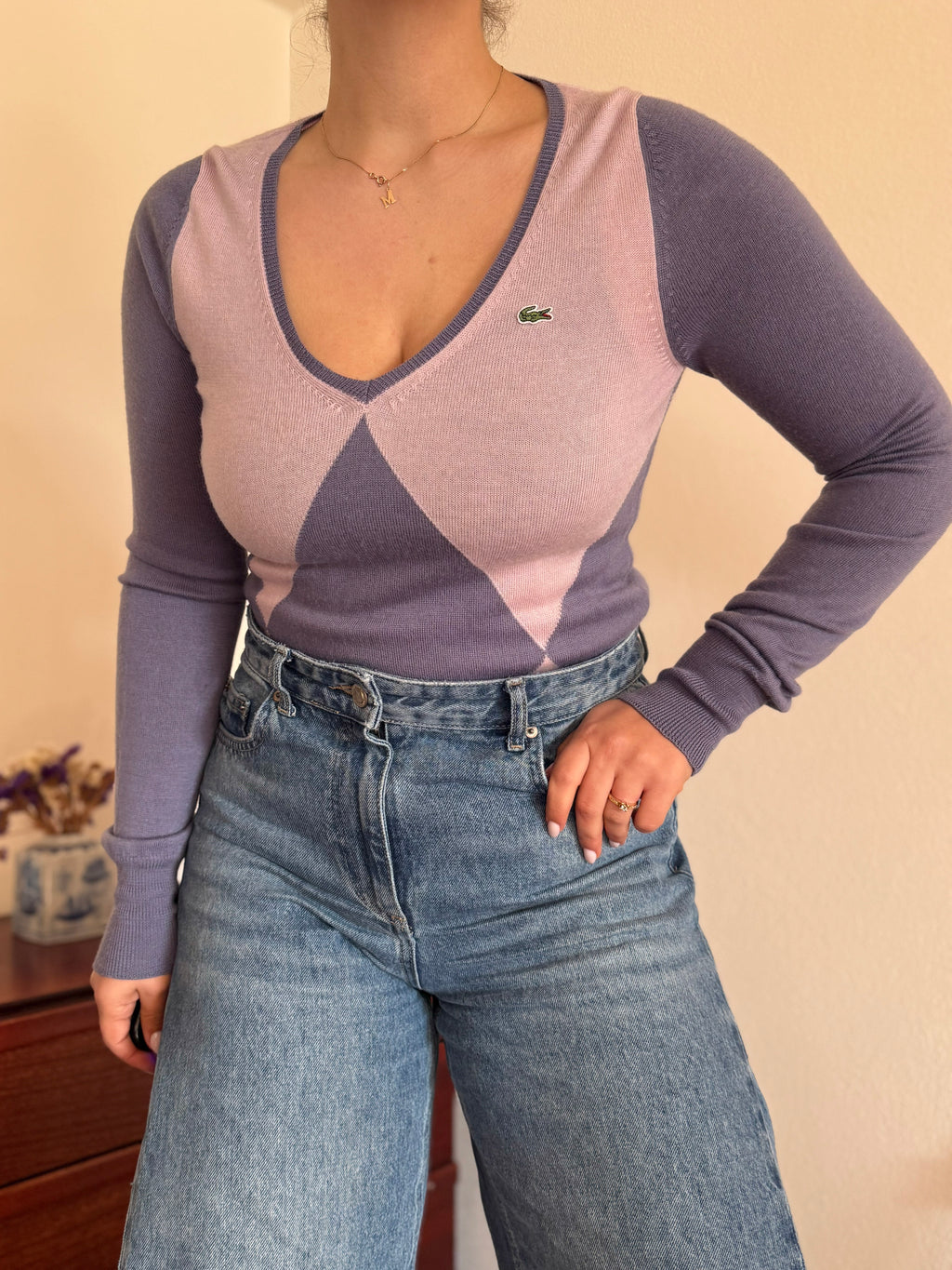 Lacoste V-Neck Knit Sweater 100% Wool