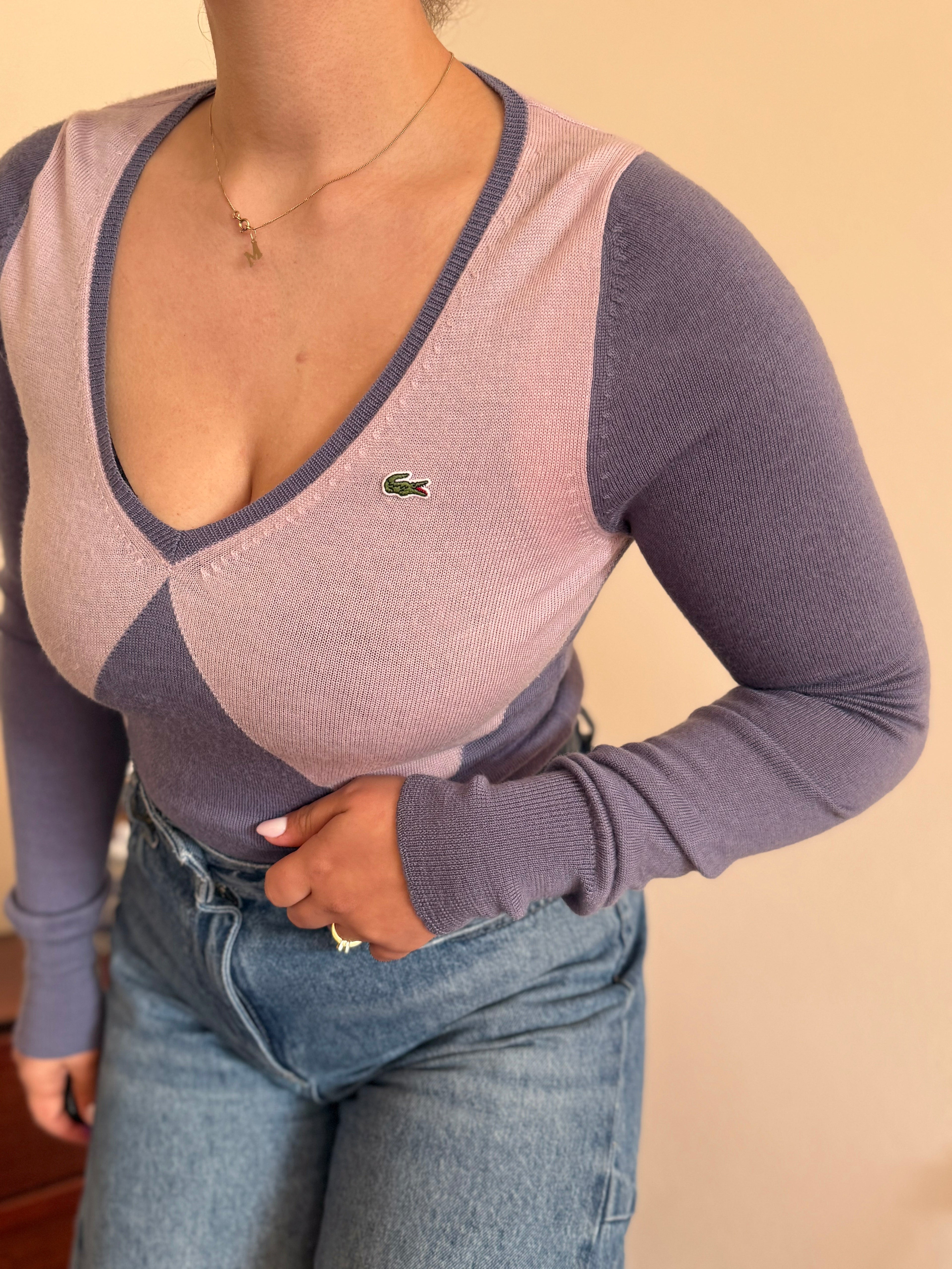 Lacoste V-Neck Knit Sweater 100% Wool