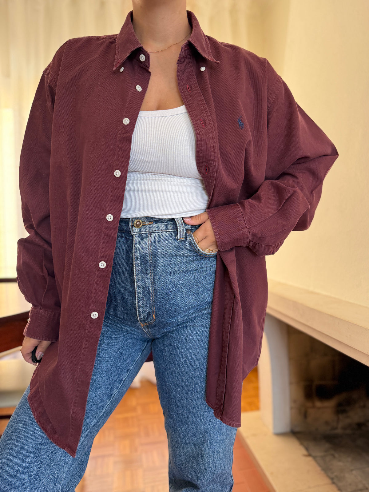 Camisa Ralph Lauren Bombazina Bordô | Oversized Vintage Preppy