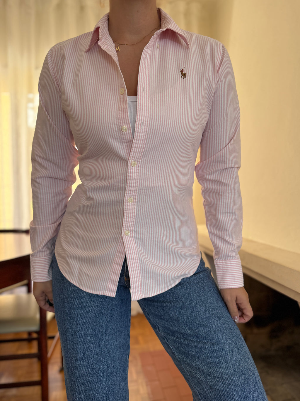 Camisa Ralph Lauren Riscas Rosa e Branco | Oxford Slim Fit Vintage
