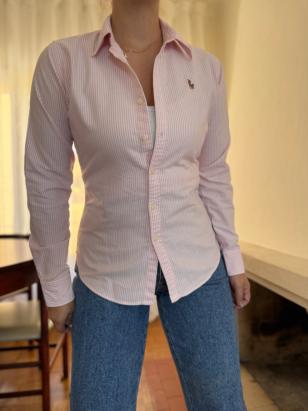 Camisa Ralph Lauren Riscas Rosa e Branco | Oxford Slim Fit Vintage