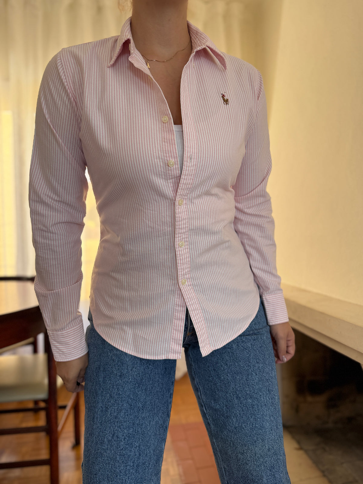 Camisa Ralph Lauren Riscas Rosa e Branco | Oxford Slim Fit Vintage