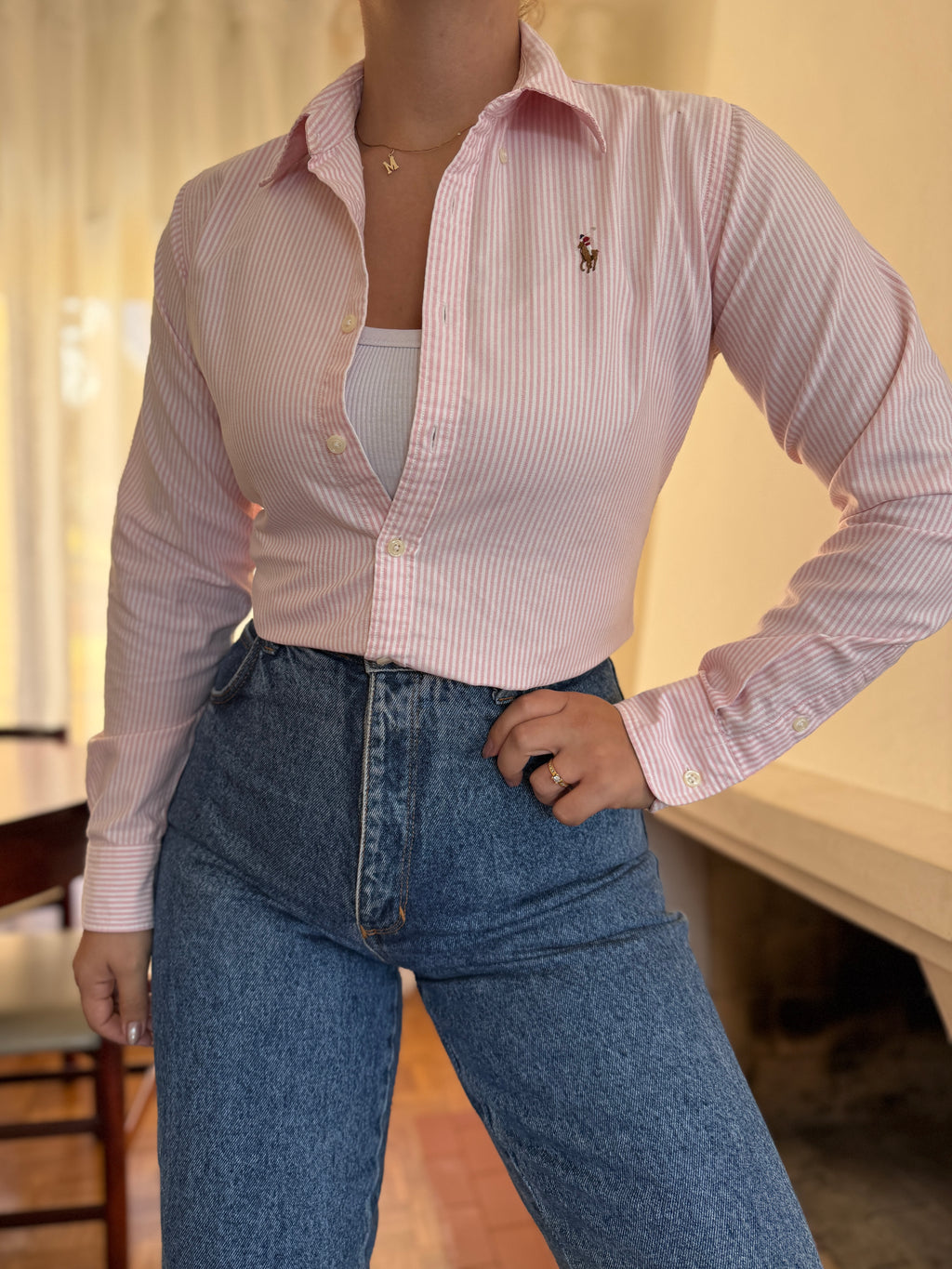 Camisa Ralph Lauren Riscas Rosa e Branco | Oxford Slim Fit Vintage