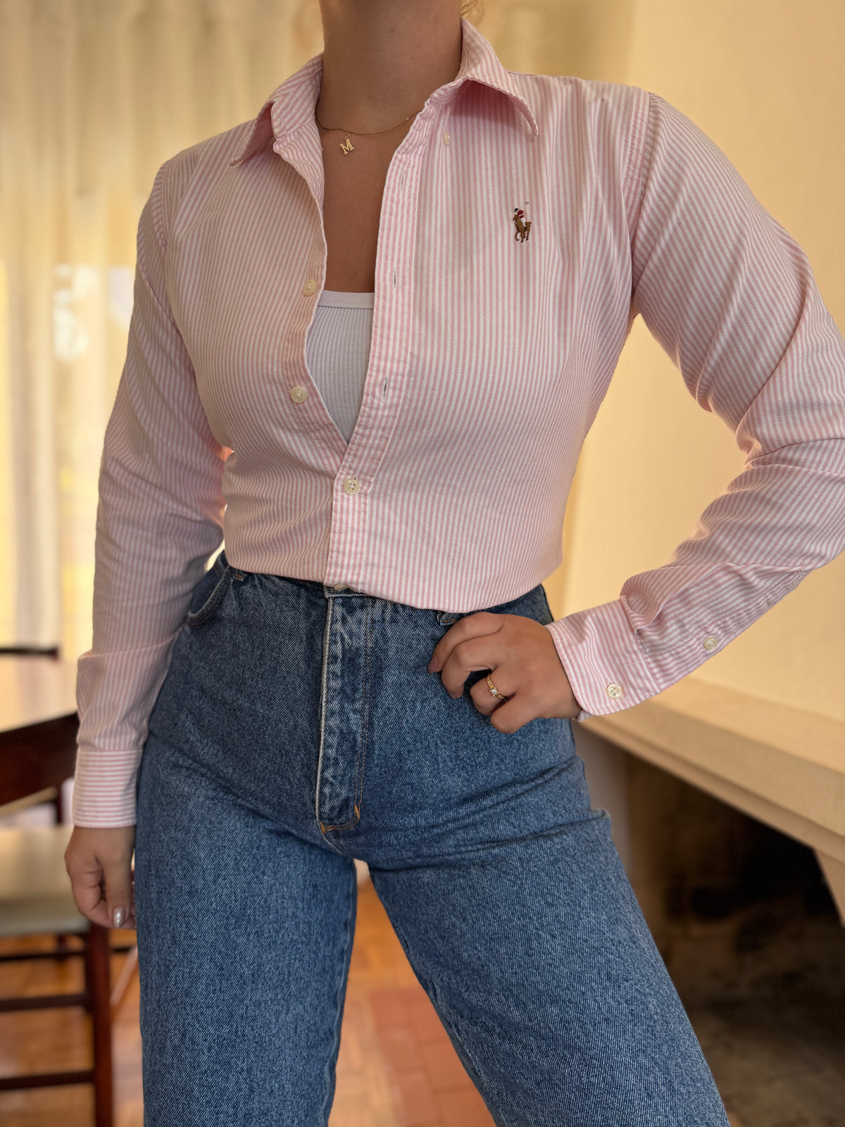 Camisa Ralph Lauren Riscas Rosa e Branco | Oxford Slim Fit Vintage