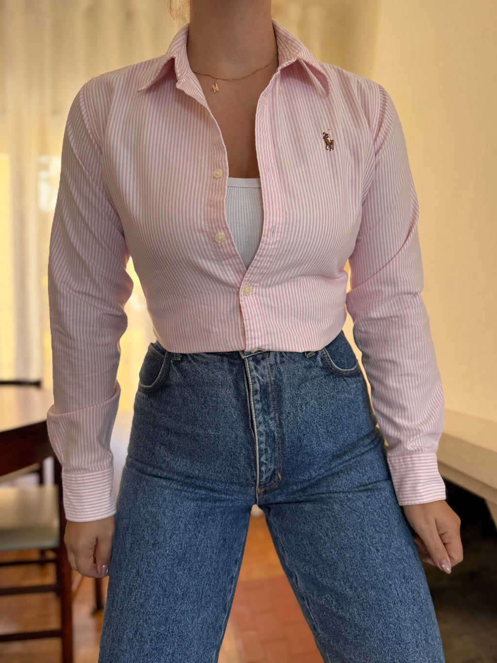 Camisa Ralph Lauren Riscas Rosa e Branco | Oxford Slim Fit Vintage