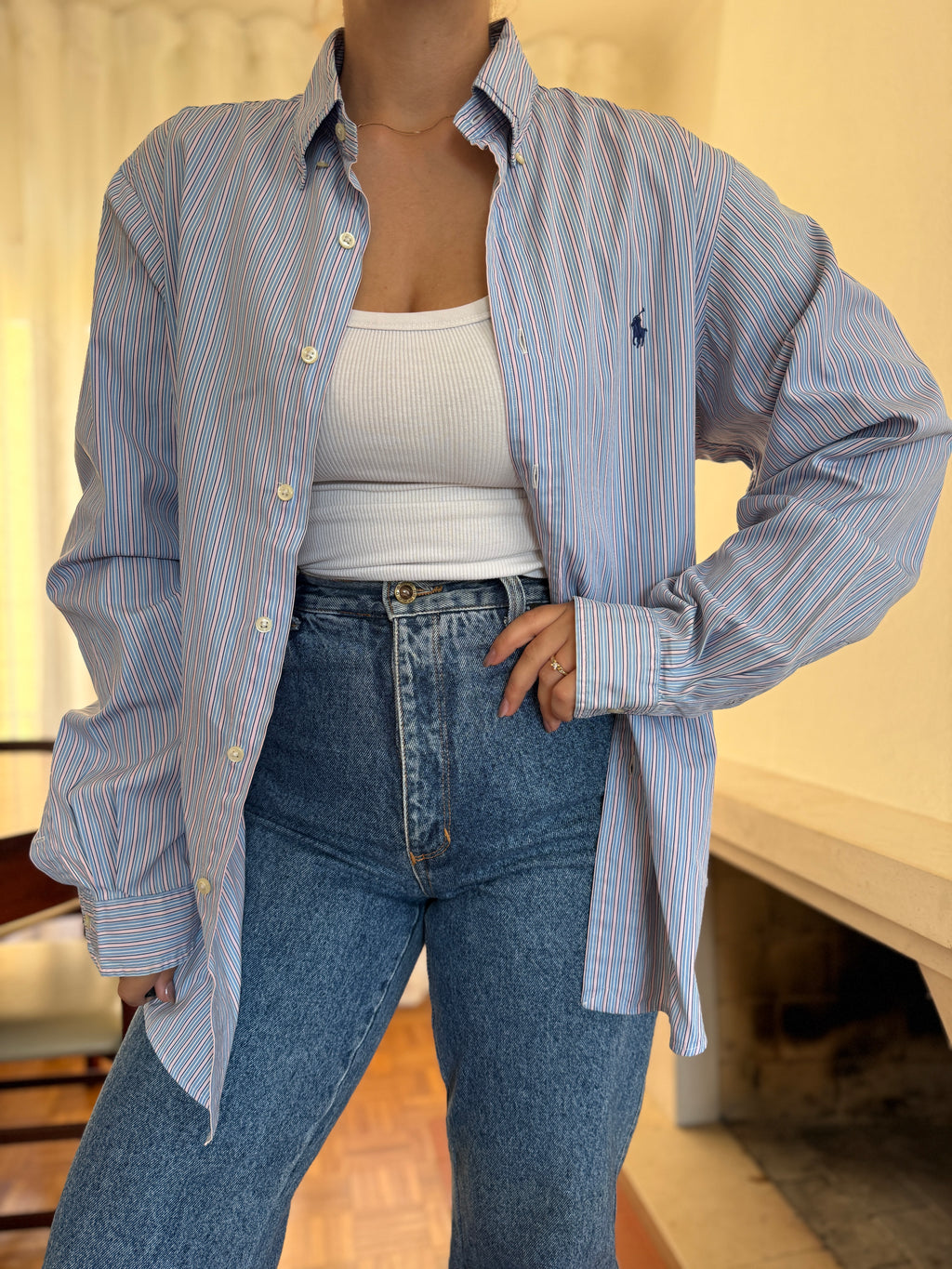 Camisa Polo Ralph Lauren Riscas Azul e Rosa | Oversized Vintage Preppy