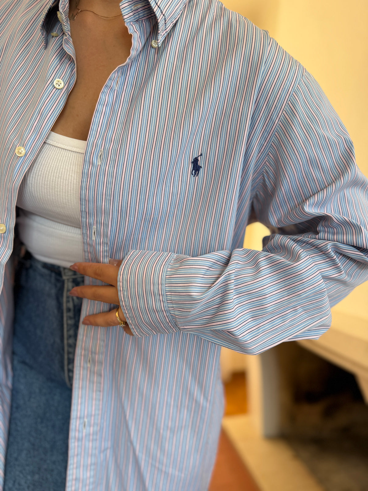 Camisa Polo Ralph Lauren Riscas Azul e Rosa | Oversized Vintage Preppy