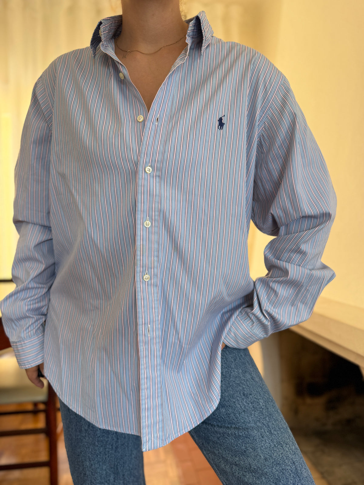 Camisa Polo Ralph Lauren Riscas Azul e Rosa | Oversized Vintage Preppy