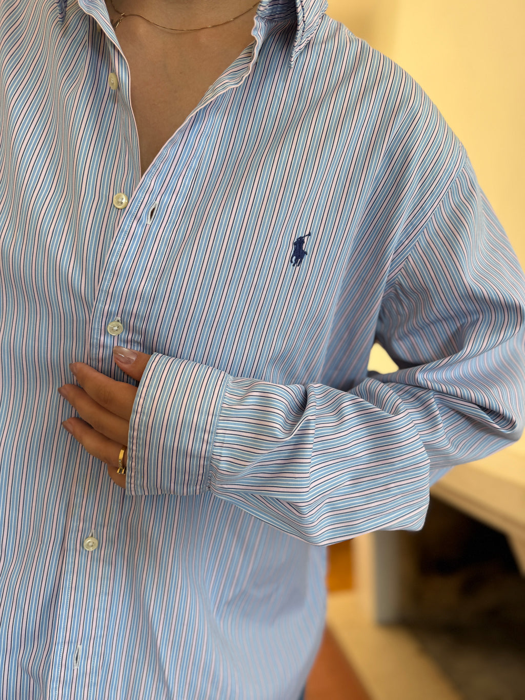 Camisa Polo Ralph Lauren Riscas Azul e Rosa | Oversized Vintage Preppy