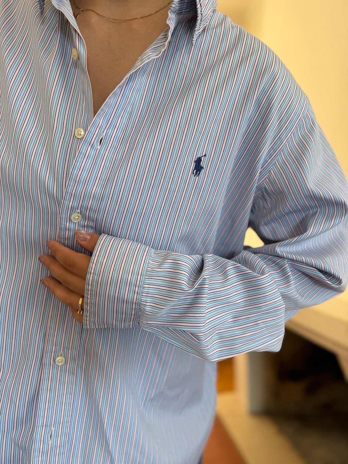 Camisa Polo Ralph Lauren Riscas Azul e Rosa | Oversized Vintage Preppy