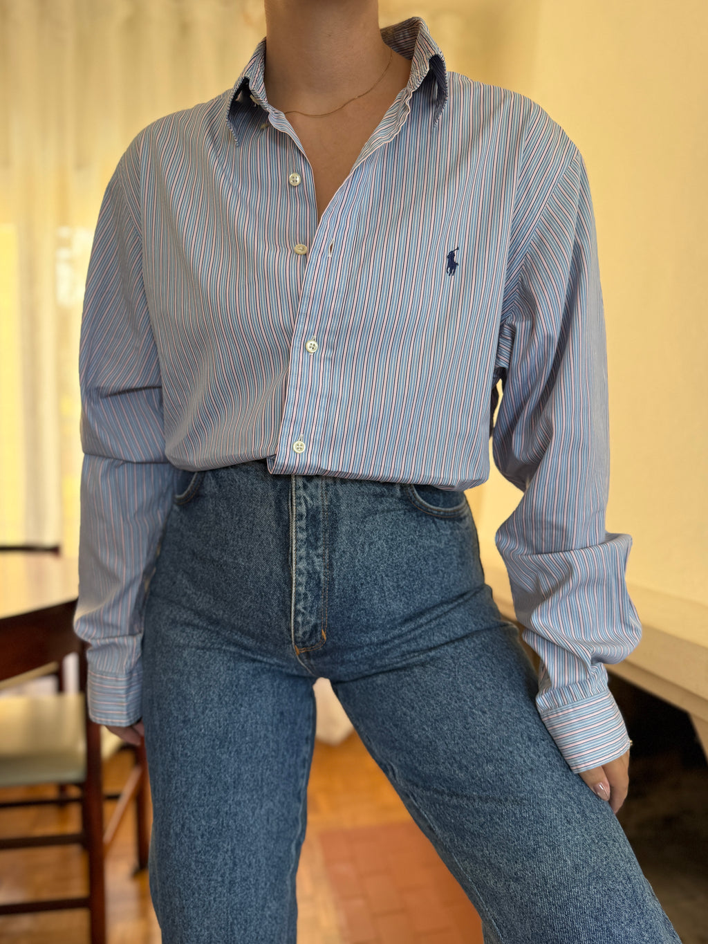 Camisa Polo Ralph Lauren Riscas Azul e Rosa | Oversized Vintage Preppy