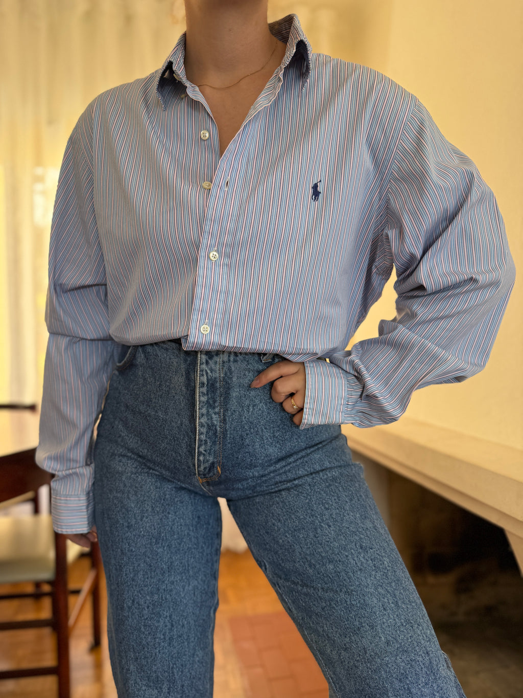 Camisa Polo Ralph Lauren Riscas Azul e Rosa | Oversized Vintage Preppy